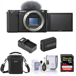 Bundle - Sony - ZV-E10 APS-C Mirrorless Interchangeable Lens Vlogging Camera, Black - with 64GB SD Card, Shoulder Bag, Extra
