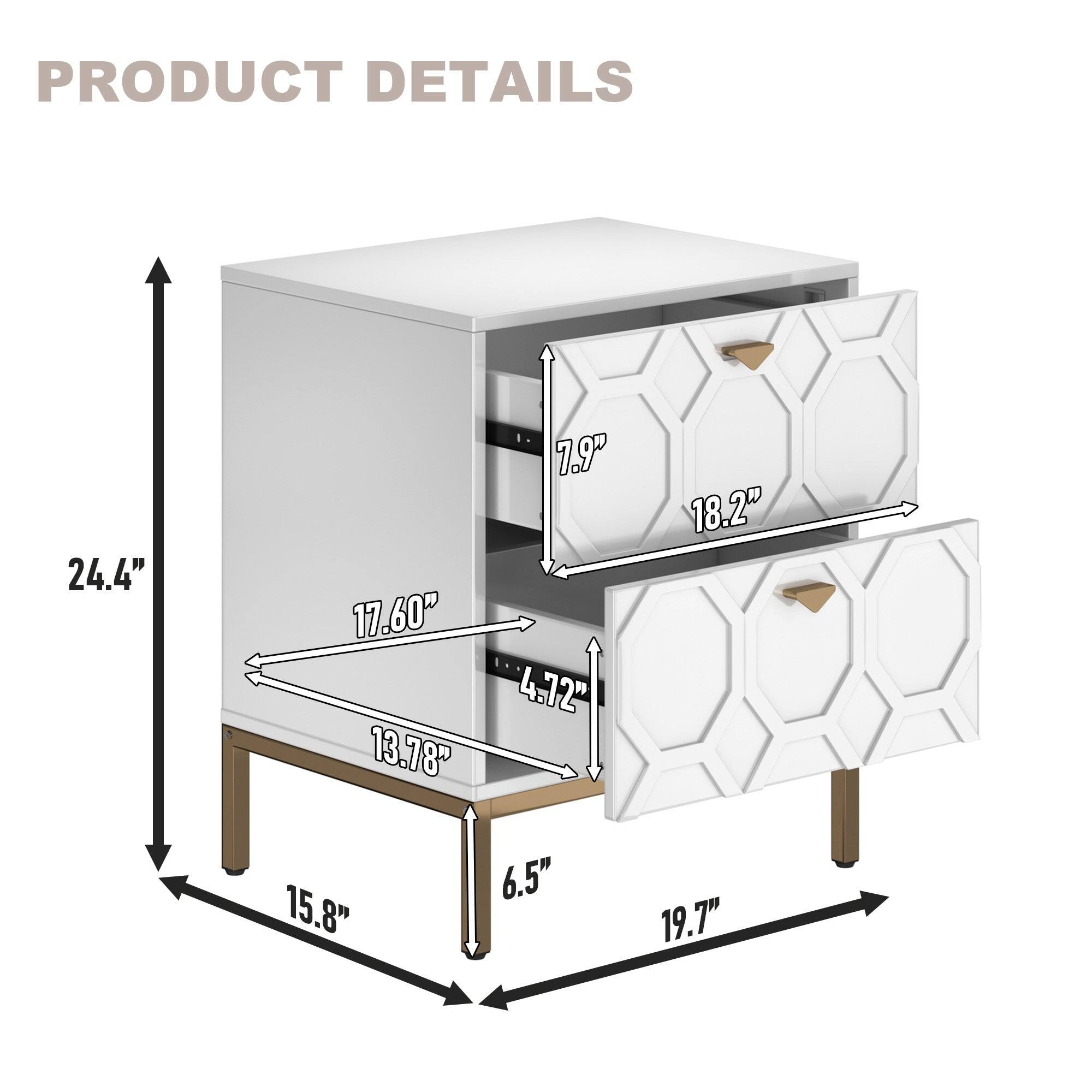 Product Details:

* Size: 24.4" x 17.60" x 13.78"
* Material: Wood
* Color: White
* Drawer: 7.9"
* Shelf: 18.2"
* Cabinet: 15.8"
* Table: 6.5"
* Shelf: 19.7"