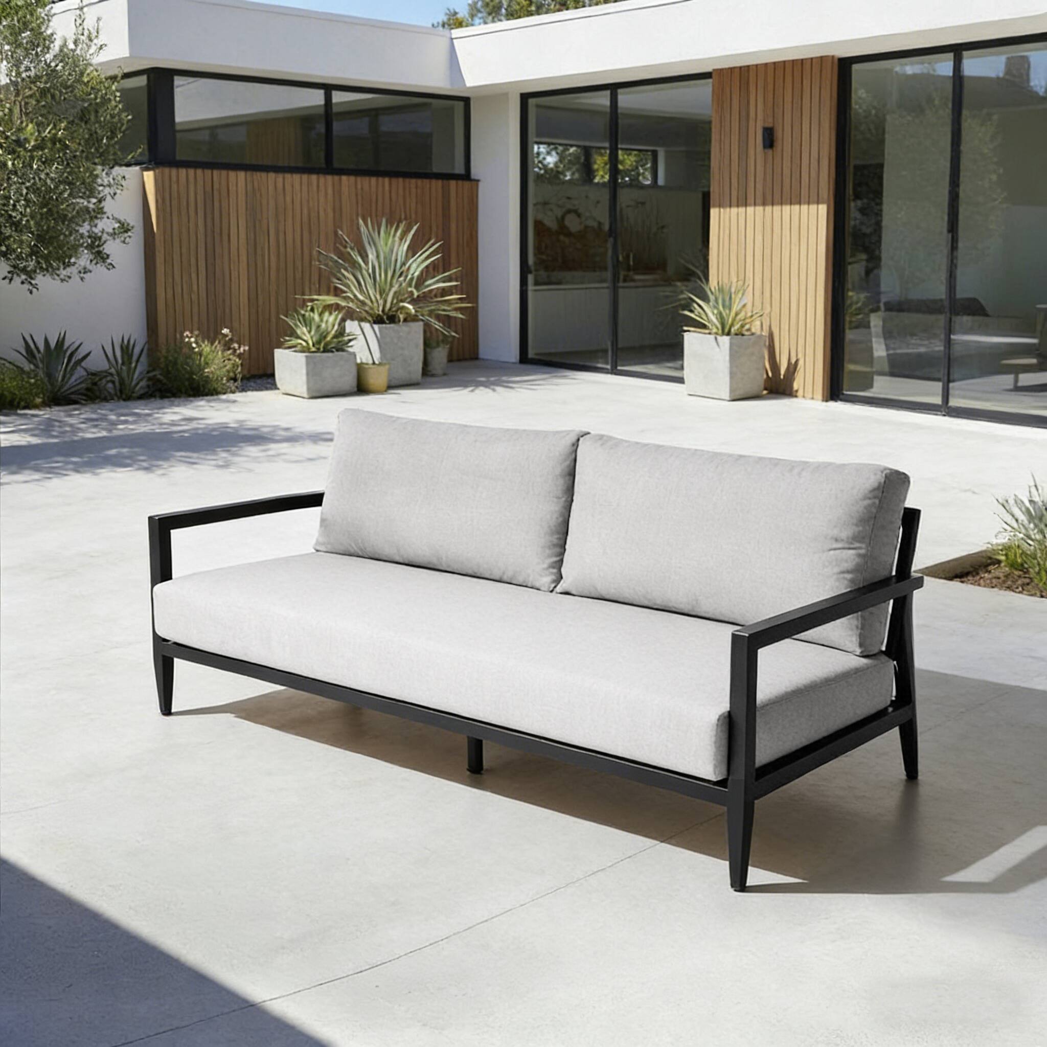 Angle. Mondawe - Outdoor Fully Weld Bench Seat Sofa with Premium Aluminum Frame and Sunbrella Cushion - Ember Black+Grey.