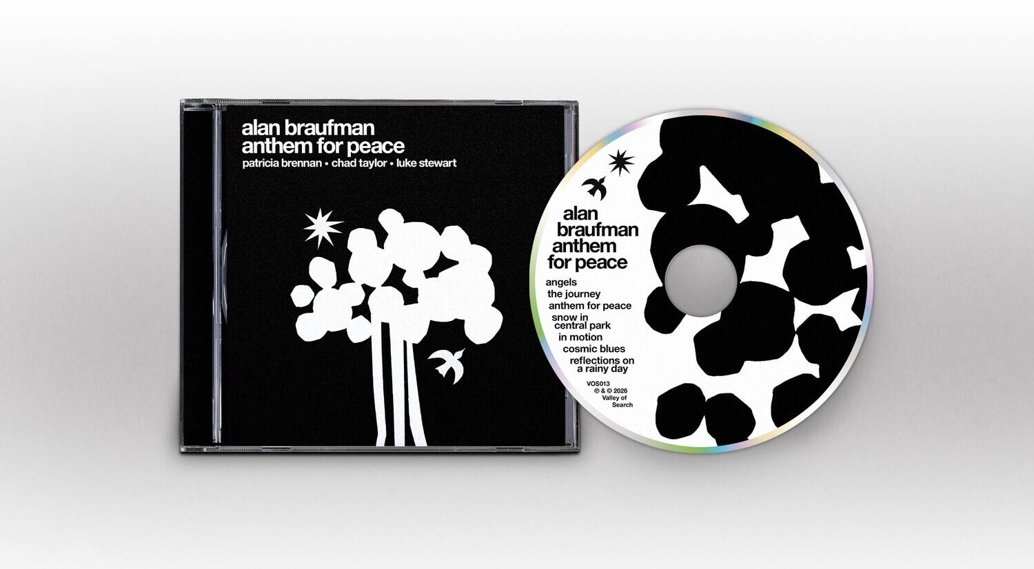 alan braufman anthem for peace  
patricia brennan - chad taylor - luke stewart  
angels  
the journey  
anthem for peace  
snow in central park  
in motion  
cosmic blues  
reflections on a rainy day  
VOSo13  
O&O  
&  
2026  
Valley of Search