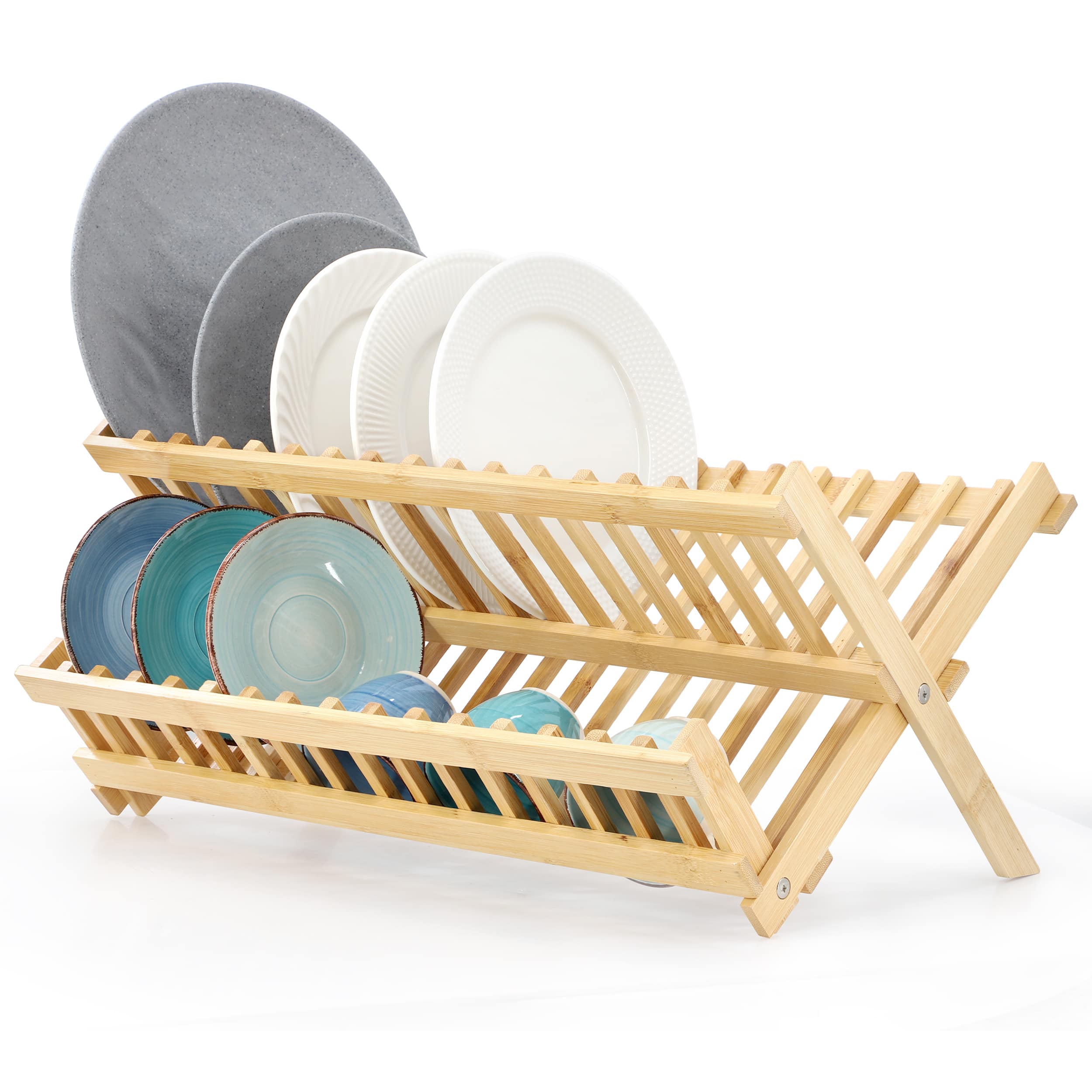 MegaChef - 2-Tier Collapsible Kitchen Bamboo Drying Dish Rack - Brown