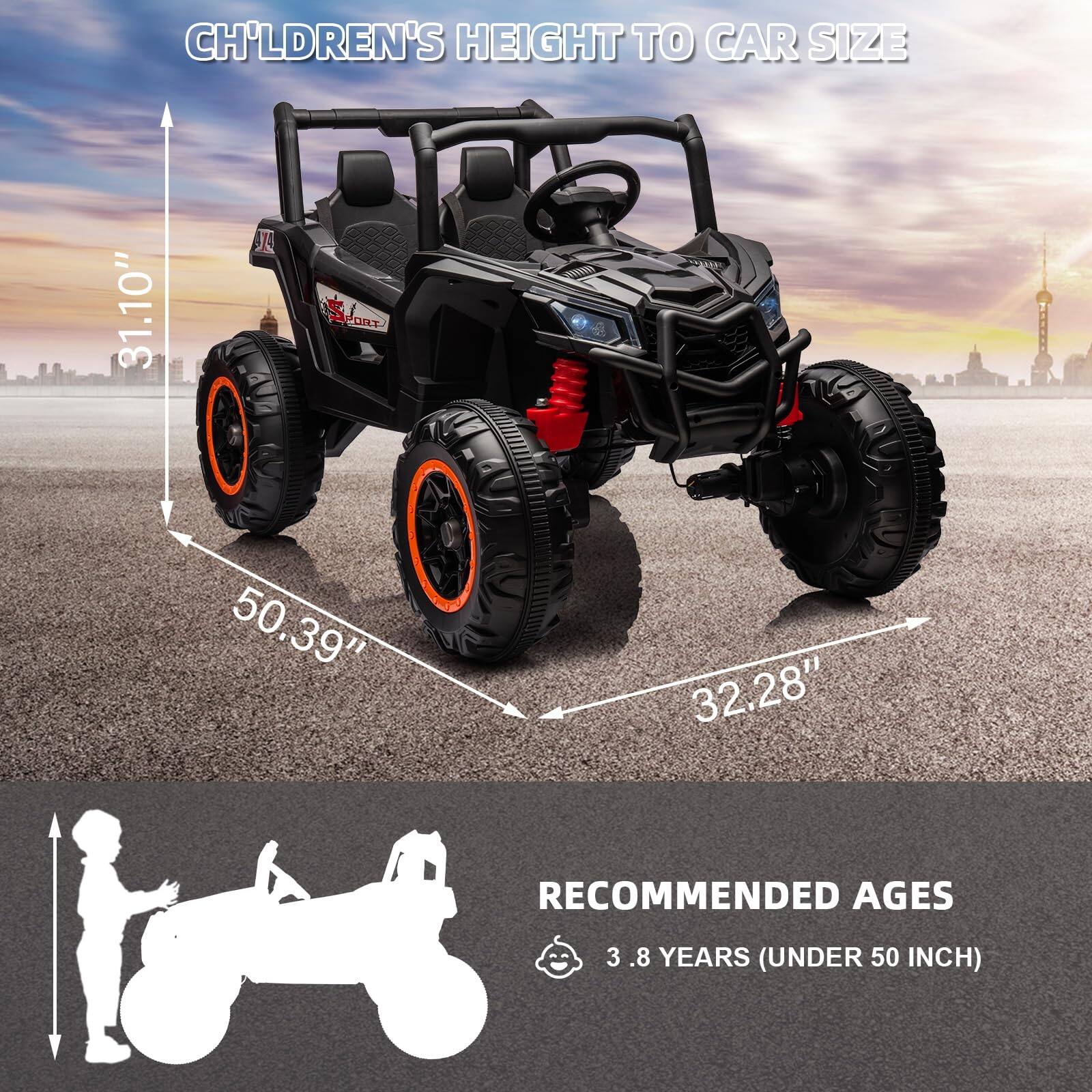 Children's Height to Car Size  
31.10"  
50.39"  
32.28"  

Recommended Ages  
3.8 Years (Under 50 Inch)