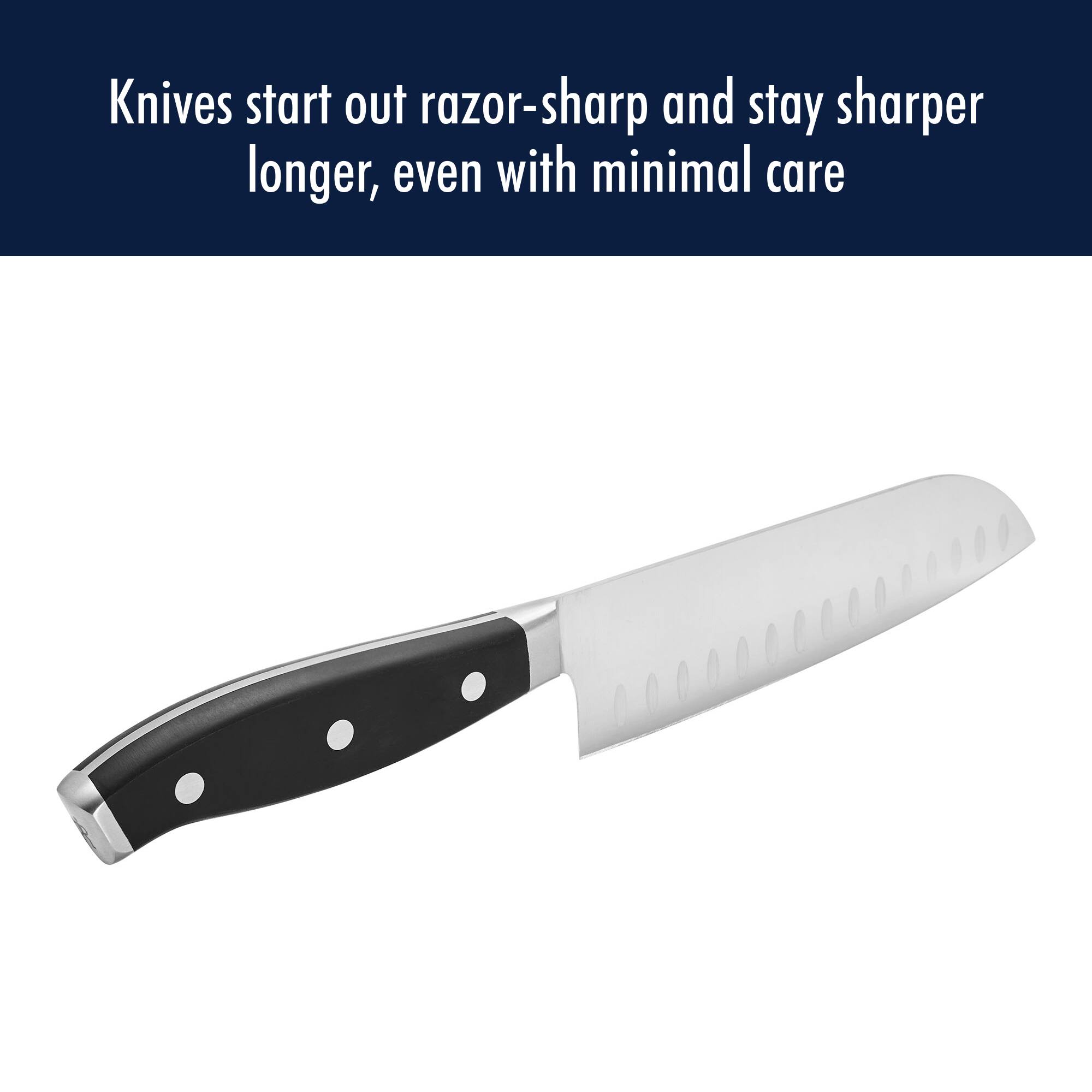 Knives start out razor-sharp and stay sharper longer, even with minimal care.
