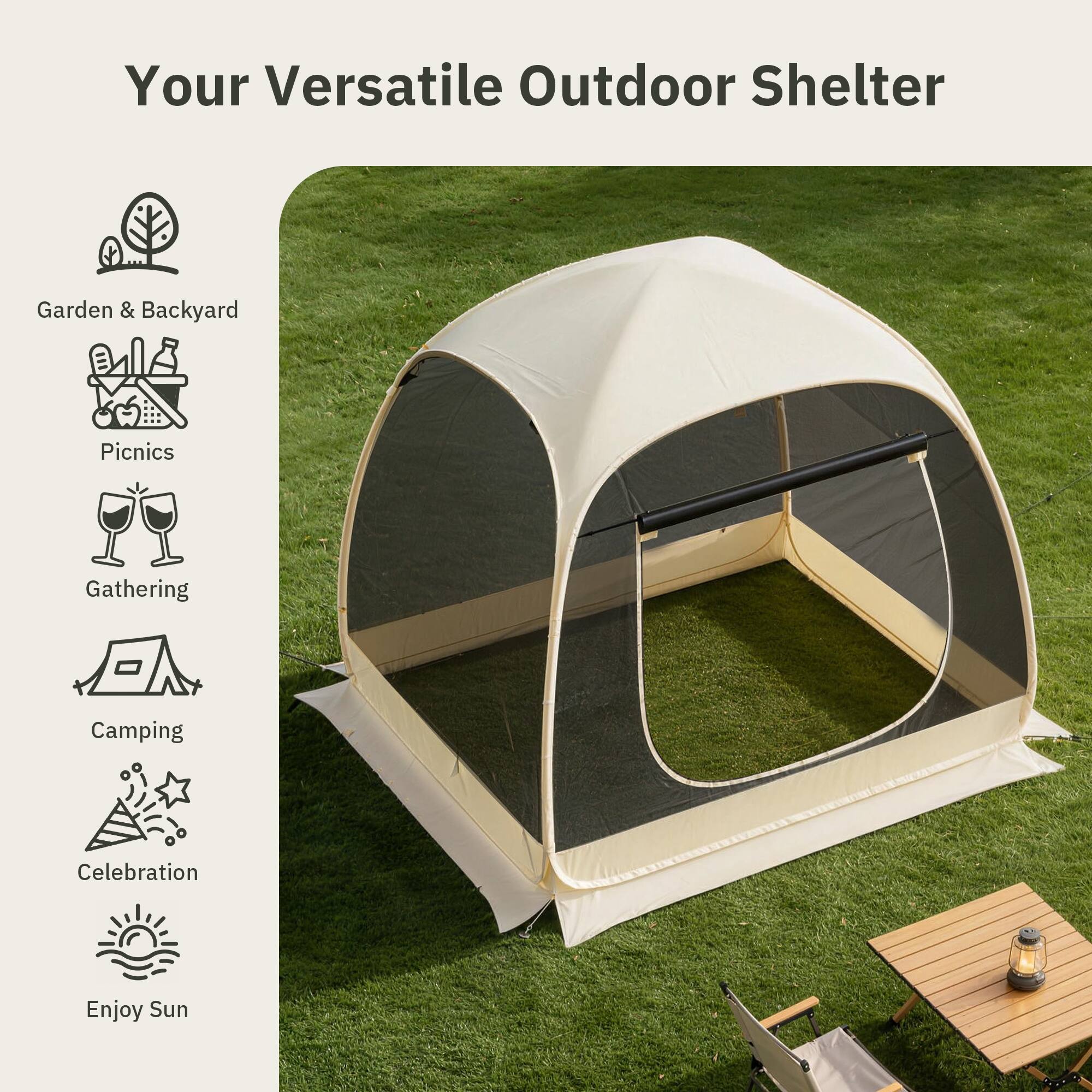 Your Versatile Outdoor Shelter

- Garden & Backyard
- Picnics
- Gathering
- Camping
- Celebration
- Enjoy Sun