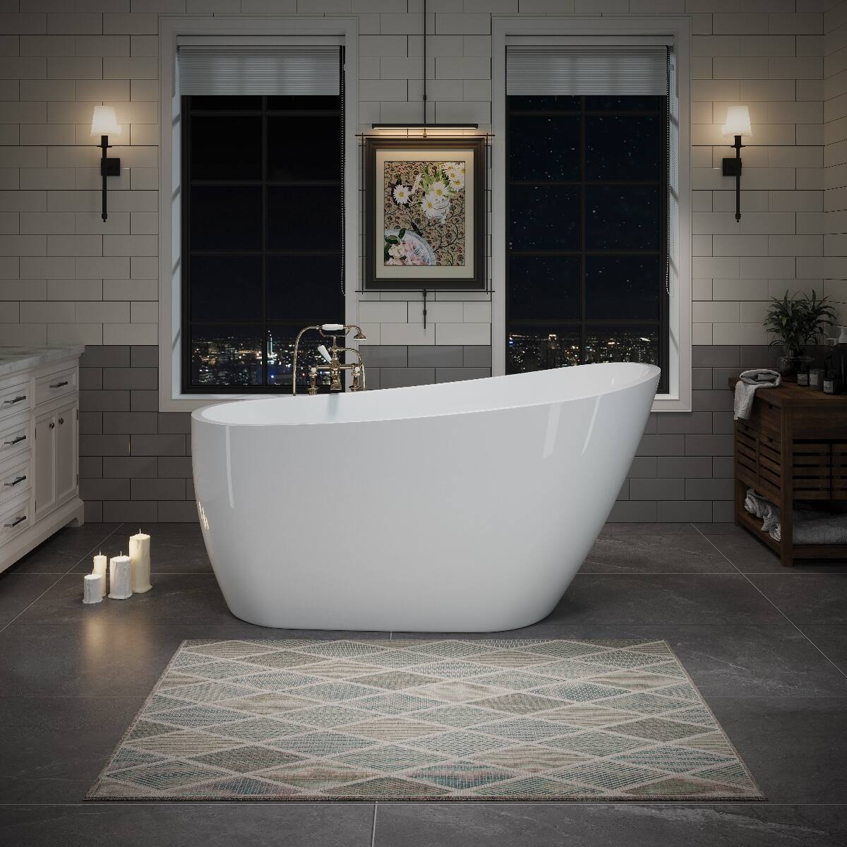 Alt View 4. Loheer - Loheer 55 Inch Acrylic Freestanding Bathtub Deep Soaking Glossy White Stand Alone Tub with Pop Up Drain - Glossy White.