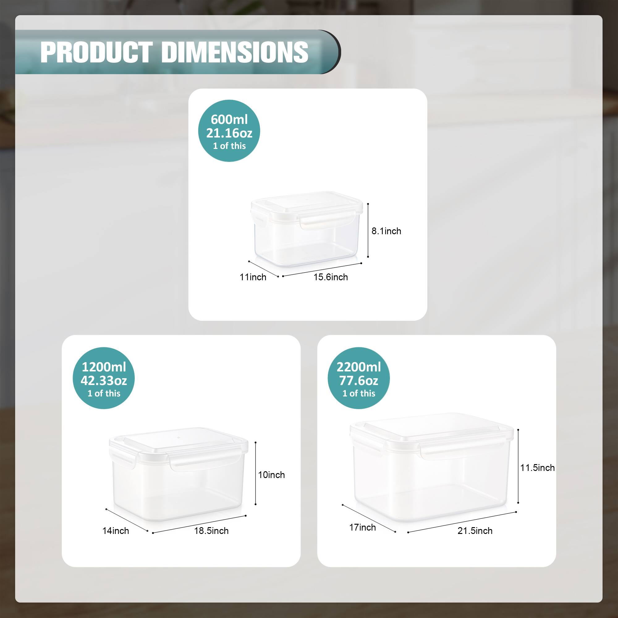 PRODUCT DIMENSIONS

600ml  
21.16oz  
1 of this  
8.1inch  
11inch  
15.6inch  

1200ml  
42.33oz  
1 of this  
10inch  
14inch  
18.5inch  

2200ml  
77.6oz  
1 of this  
11.5inch  
17inch  
21.5inch