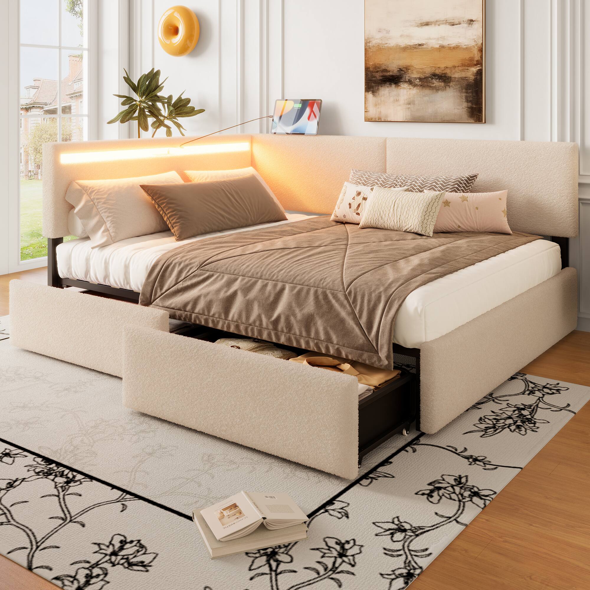 Angle. LUCKY ONE - Full Size Upholstered Boucle Bed Frame with 2 Storage Drawers, LED light and USB Charging Design - Beige.