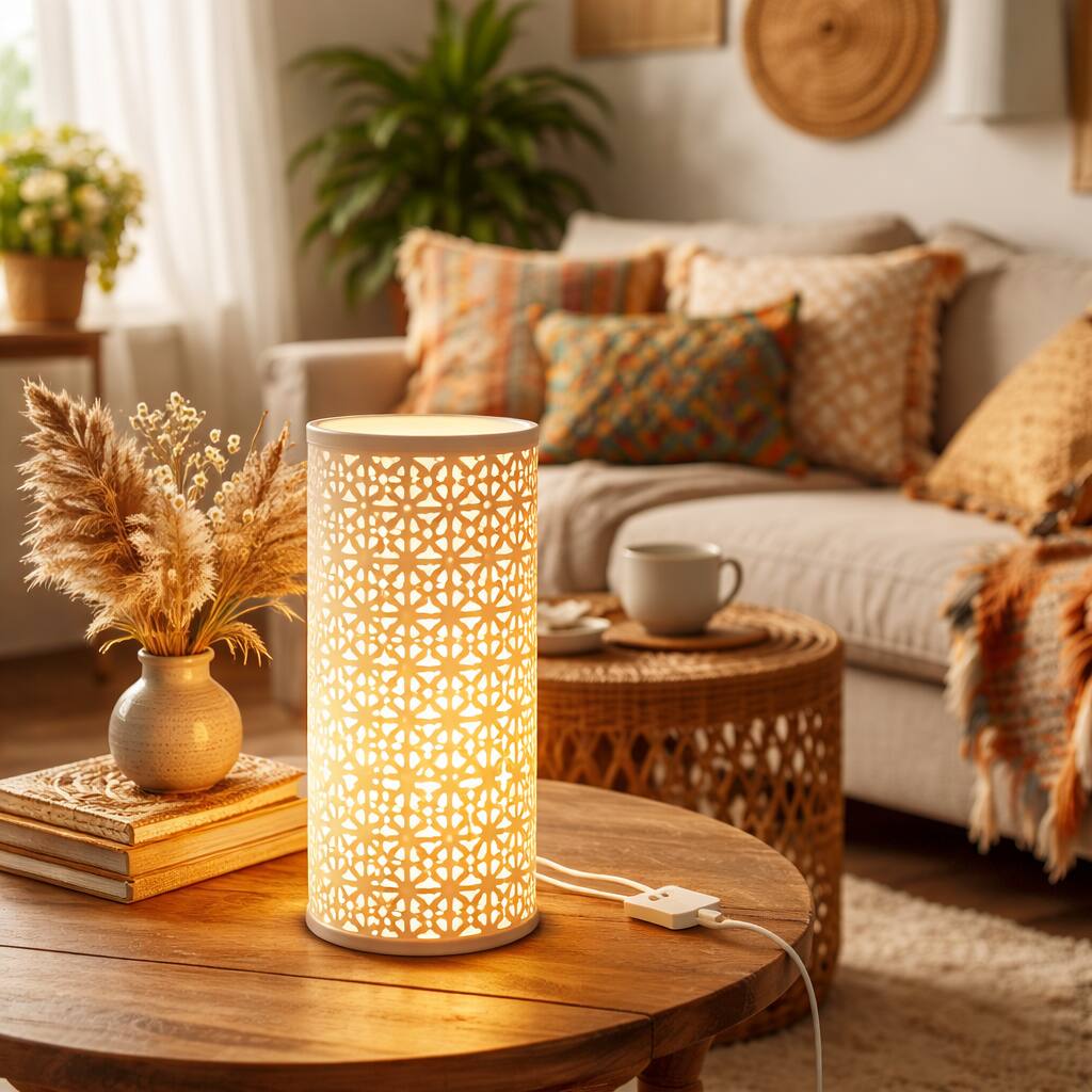 Front. FC Design - 11"H Golden Cylinder w/ Decorative Floral Glow Pattern Table Lamp.