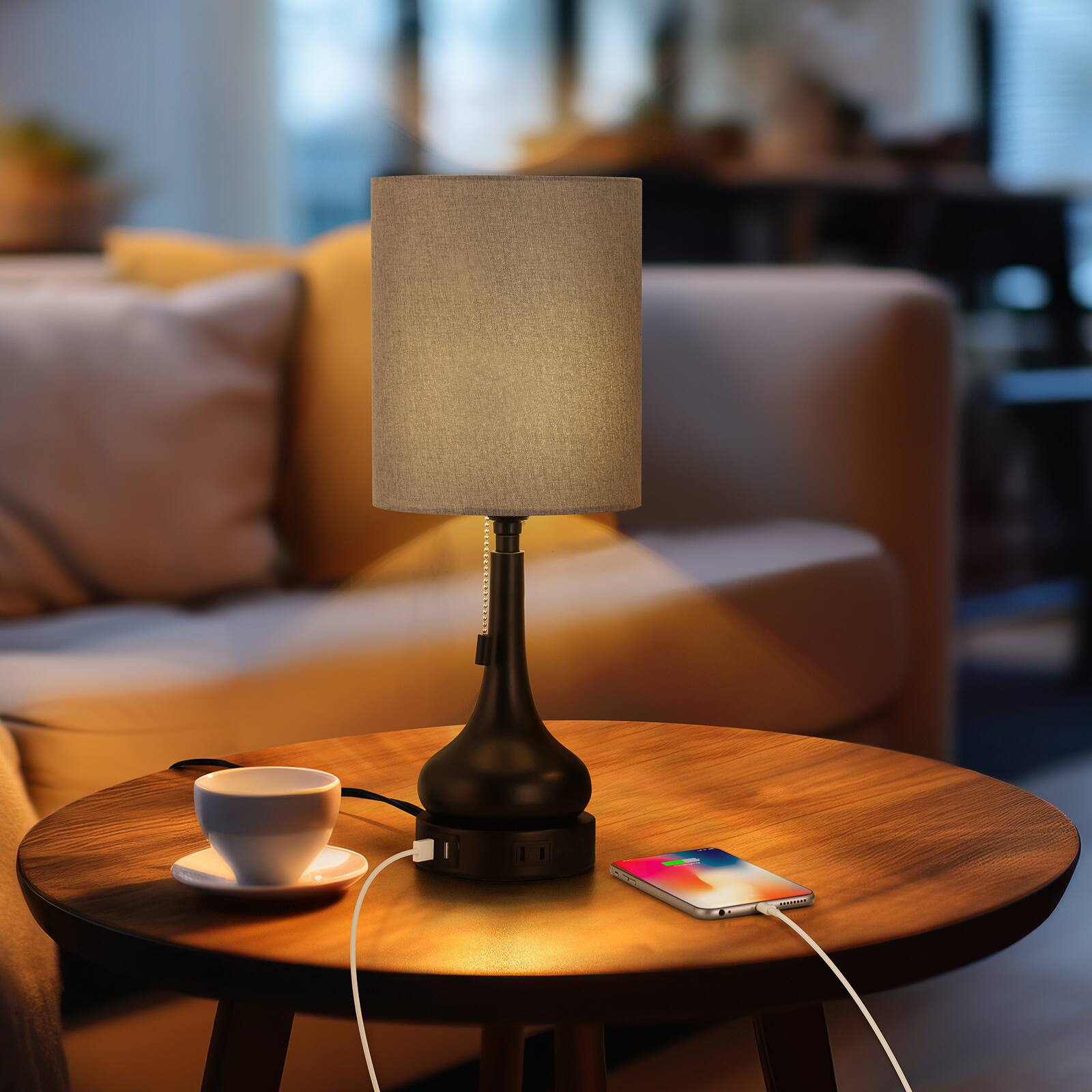 Alt View 1. Oumilen - 2-Piece Gourd Table Lamp with Gray Fabric Shade, Pull Chain Switch, 2 USB Ports and 1 AC Outlet.