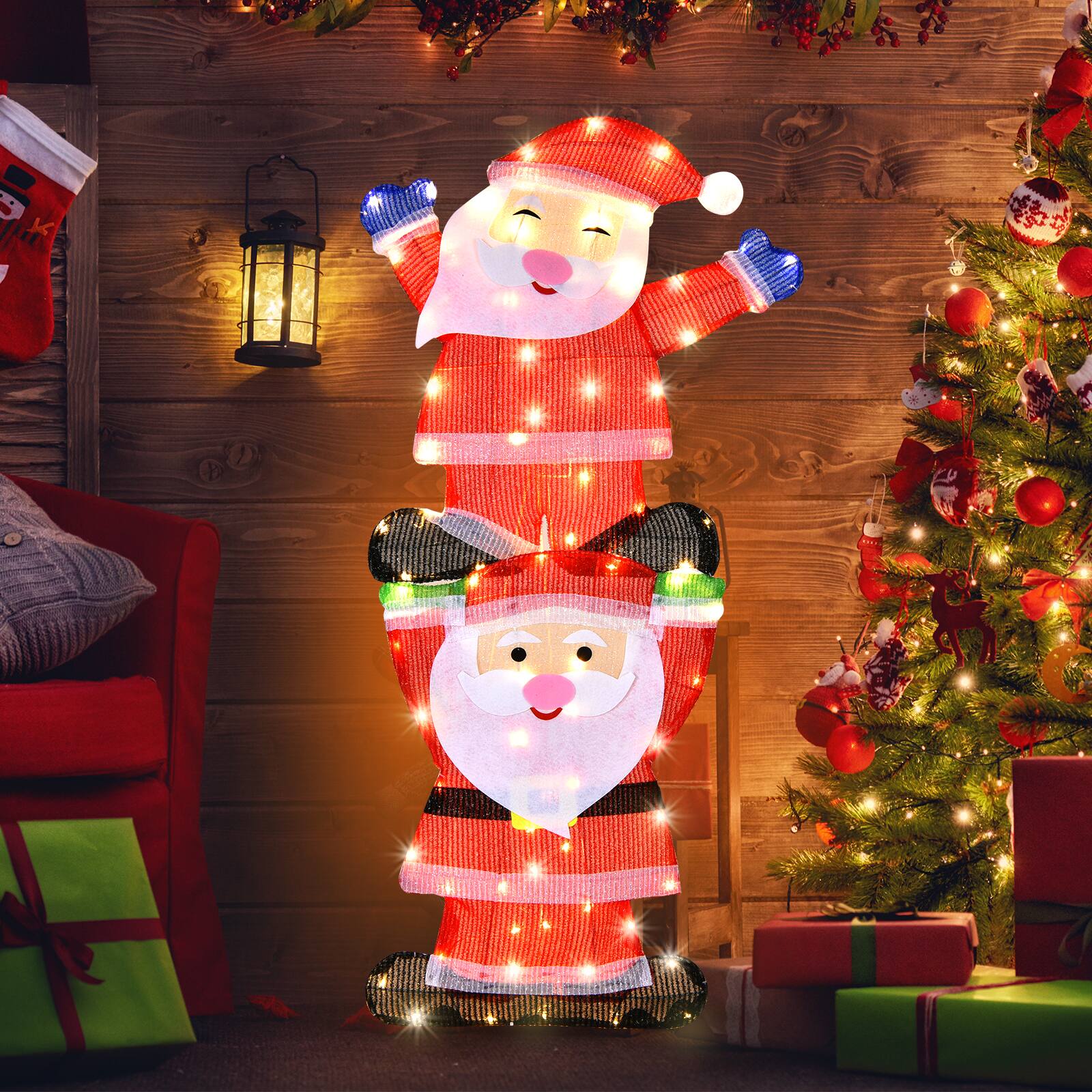 Alt View 3. Costway - Christmas Outdoor LED Double Santa Yard Sign W/ String Lights & 4 Stakes - Multicolor.