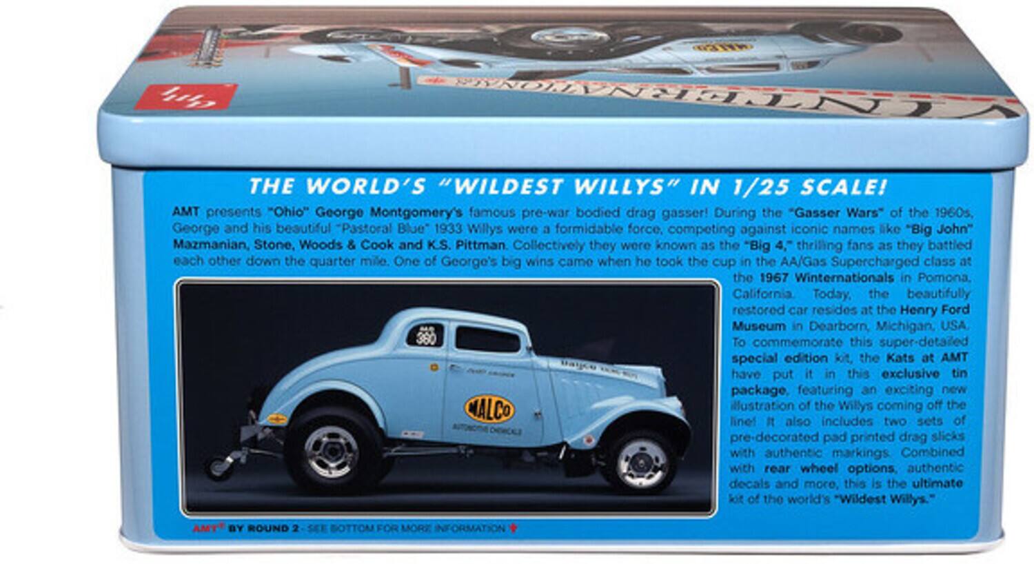 VHONA THE WORLD'S "WILDEST WILLYS" IN 1/25 SCALE!  
AMT presents "Ohio" George Montgomery's famous pre-war bodied drag gasser! During the "Gasser Wars" of the 1960s, George and his beautiful "Pastoral Blue" 1933 Willys were a formidable force, competing against iconic names like "Big John" Mazmanian, Stone, Woods & Cook and K.S. Pittman. Collectively they were known as the "Big 4," thrilling fans as they battled each other down the quarter mile. One of George's big wins came when he took the cup in the AA/Gas Supercharged class at the 1967 Winternationals in Pomona, California. Today, the beautifully restored car resides at the Henry Ford Museum in Dearborn, Michigan, USA. To commemorate this super-detailed special edition kit, the Kats at AMT have put it in this exclusive tin package, featuring an exciting new MALCO illustration of the Willys coming off the line! It also includes two sets of pre-decorated pad printed drag slicks with authentic markings, rear wheel options, authentic decals and more, this is