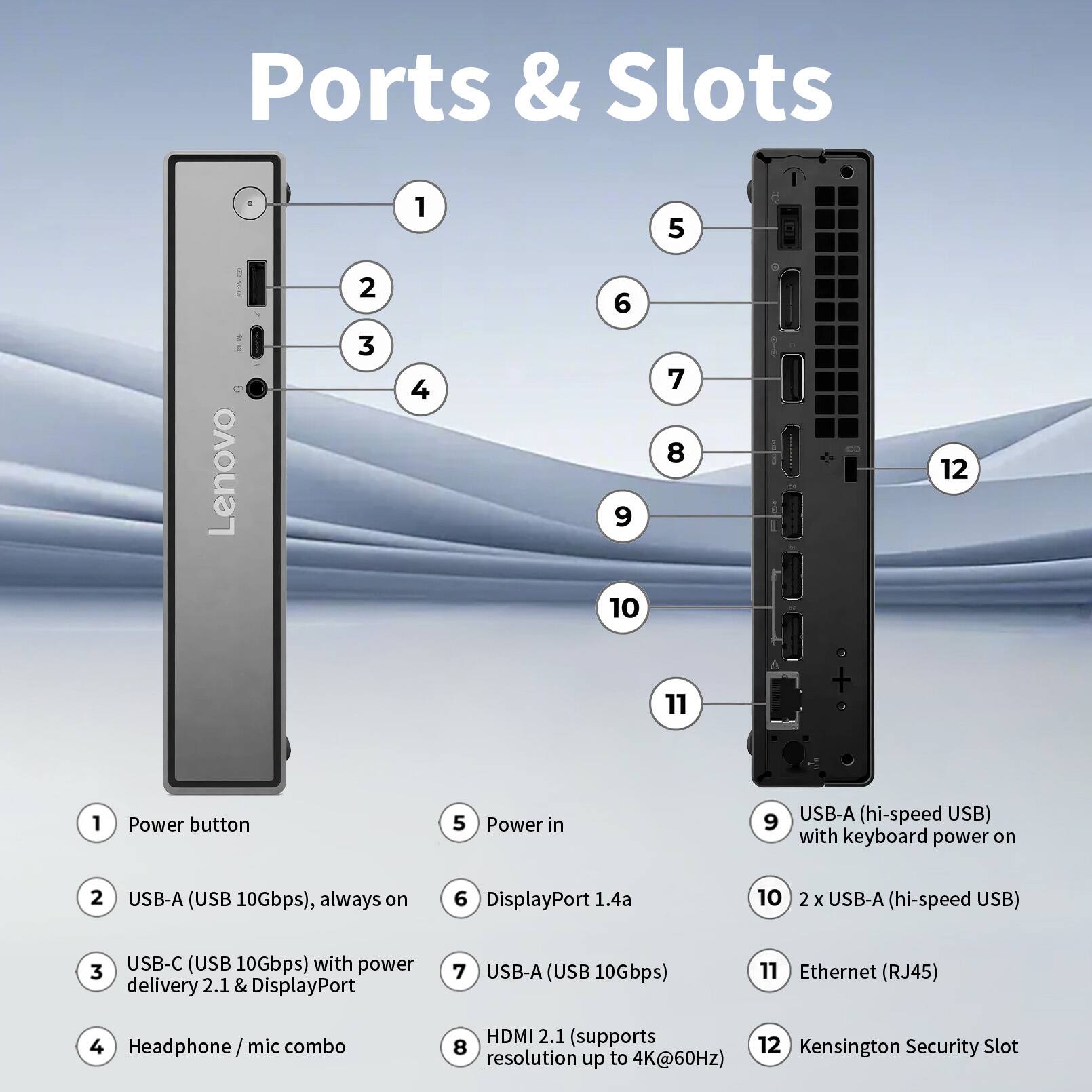 Ports & Slots

1. Power button
2. USB-A (USB 10Gbps), always on
3. USB-C (USB 10Gbps) with power delivery 2.1 & DisplayPort
4. Headphone / mic combo
5. Power in
6. DisplayPort 1.4a
7. USB-A (USB 10Gbps)
8. HDMI 2.1 (supports resolution up to 4K@60Hz)
9. USB-A (hi-speed USB) with keyboard power on
10. 2 x USB-A (hi-speed USB)
11. Ethernet (RJ45)
12. Kensington Security Slot