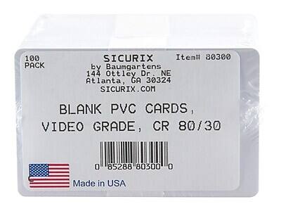 100 PACK  
SICURIX  
Item# 80300  
by Baumgartens  
144 Ottley Dr. NE  
Atlanta, GA 30324  
SICURIX.COM  

BLANK PVC CARDS, VIDEO GRADE, CR 80/30  

0 85288 80300 0  

Made in USA