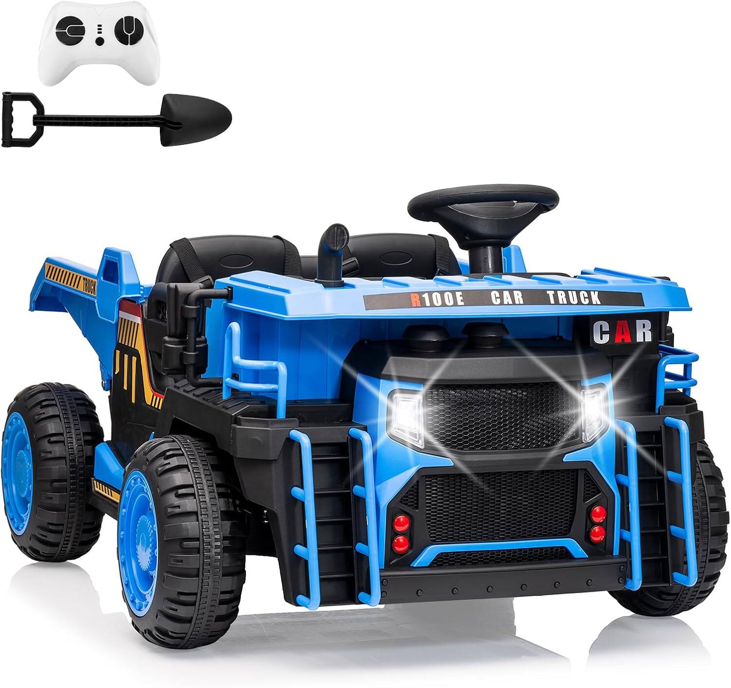 GARVEE - 24V 2-Seater Ride-On Dump Truck for Kids, 2WD/4WD Switch, Remote Control, Electric Lift Bed, Shovel, LED Lights, Music - Blue