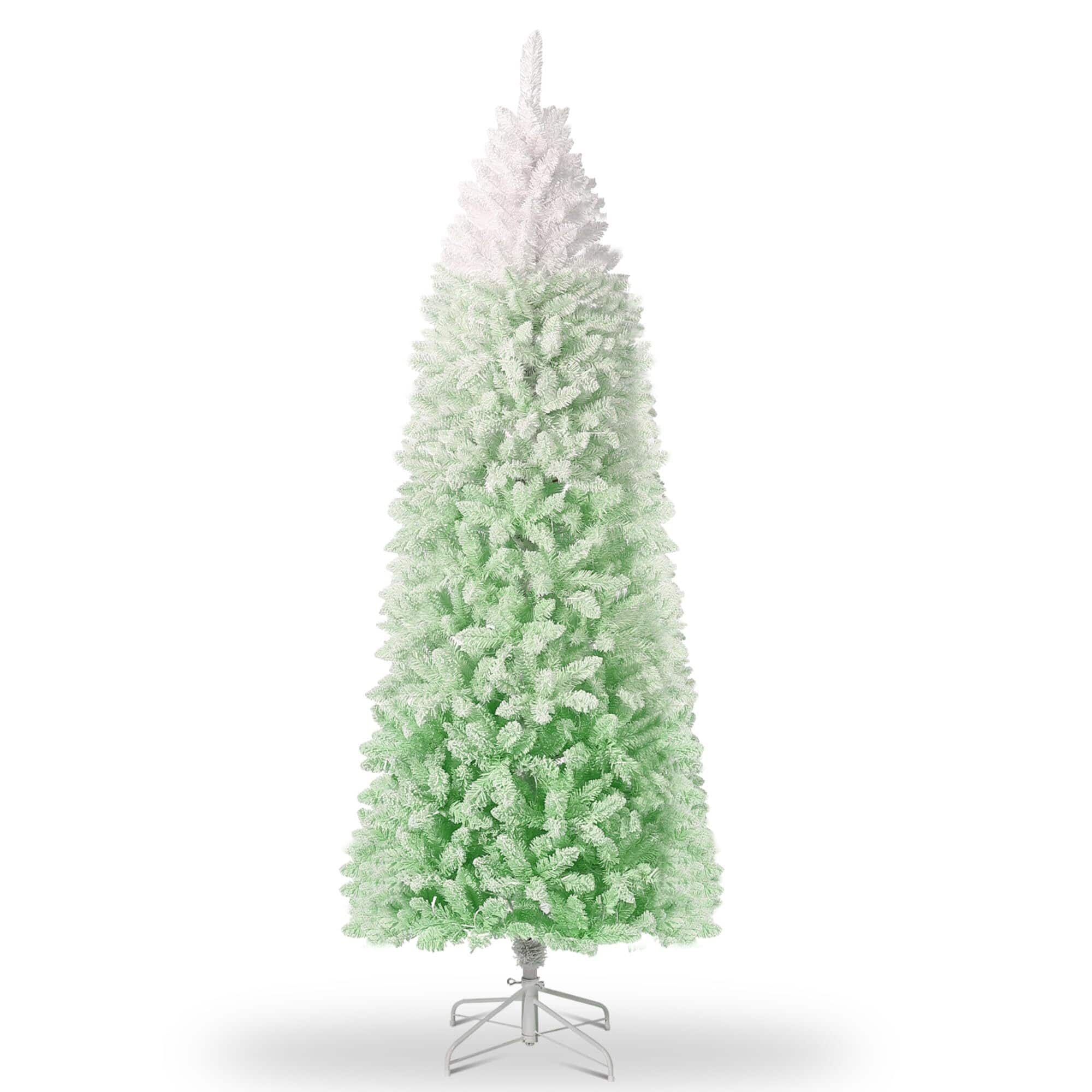 Acekool - 7.5ft Snow Flocked Pencil Christmas Tree with Pink Gradient, Slim Artificial Xmas Tree - White+Green