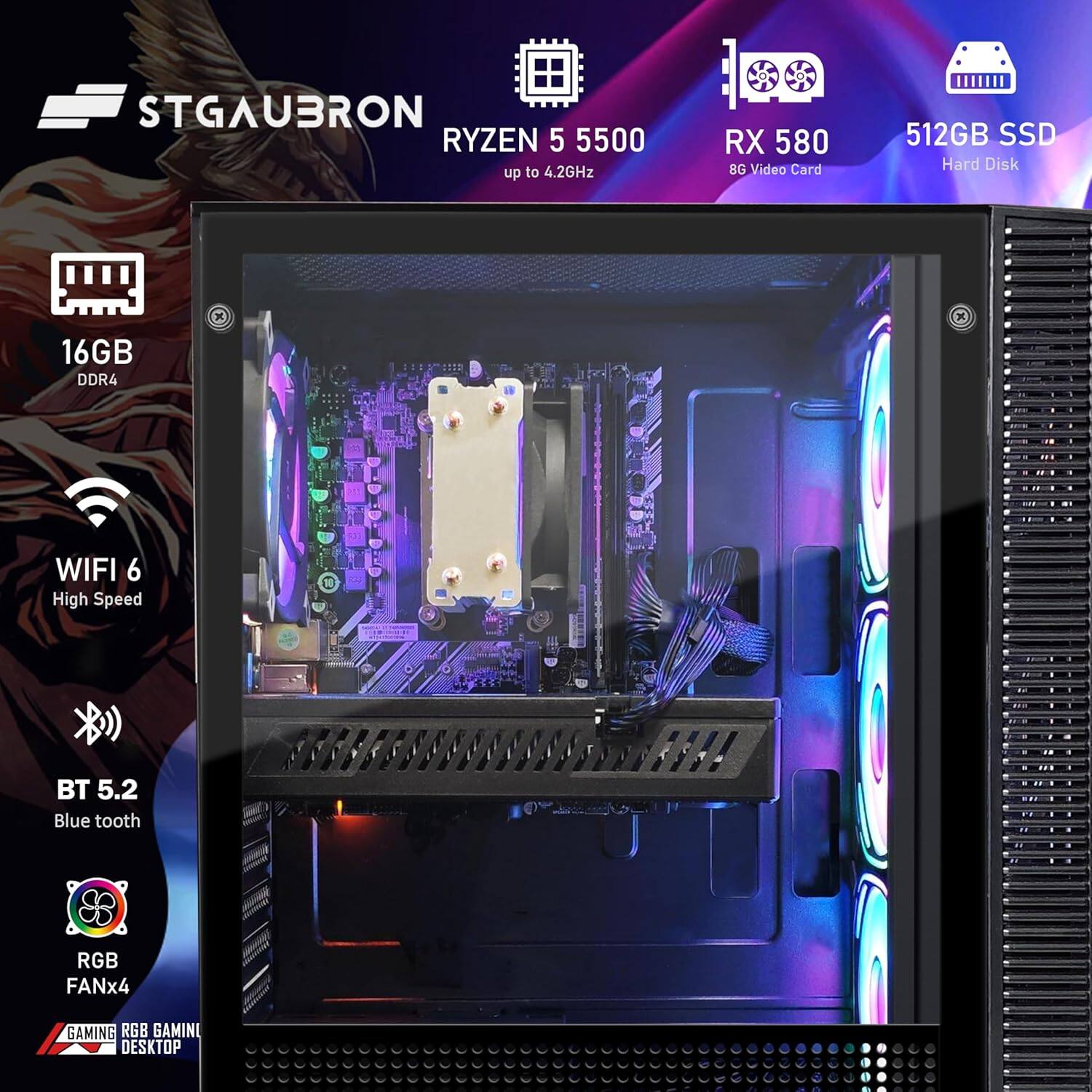 STGAUBRON, RYZEN 5 5500 up to 4.2GHz, RX 580 8G Video Card, 512GB SSD Hard Disk, 16GB DDR4, WIFI 6 High Speed, BT 5.2 Blue tooth, RGB FANx4, GAMING DESKTOP