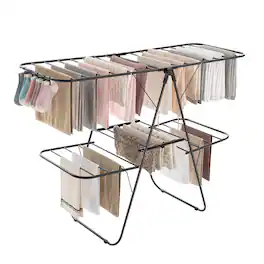 Songmics Home - Clothes Drying Rack, Foldable 2-Level Laundry Drying Rack, Free-Standing Large Drying Rack, with Height-Adjustable Wings - Black