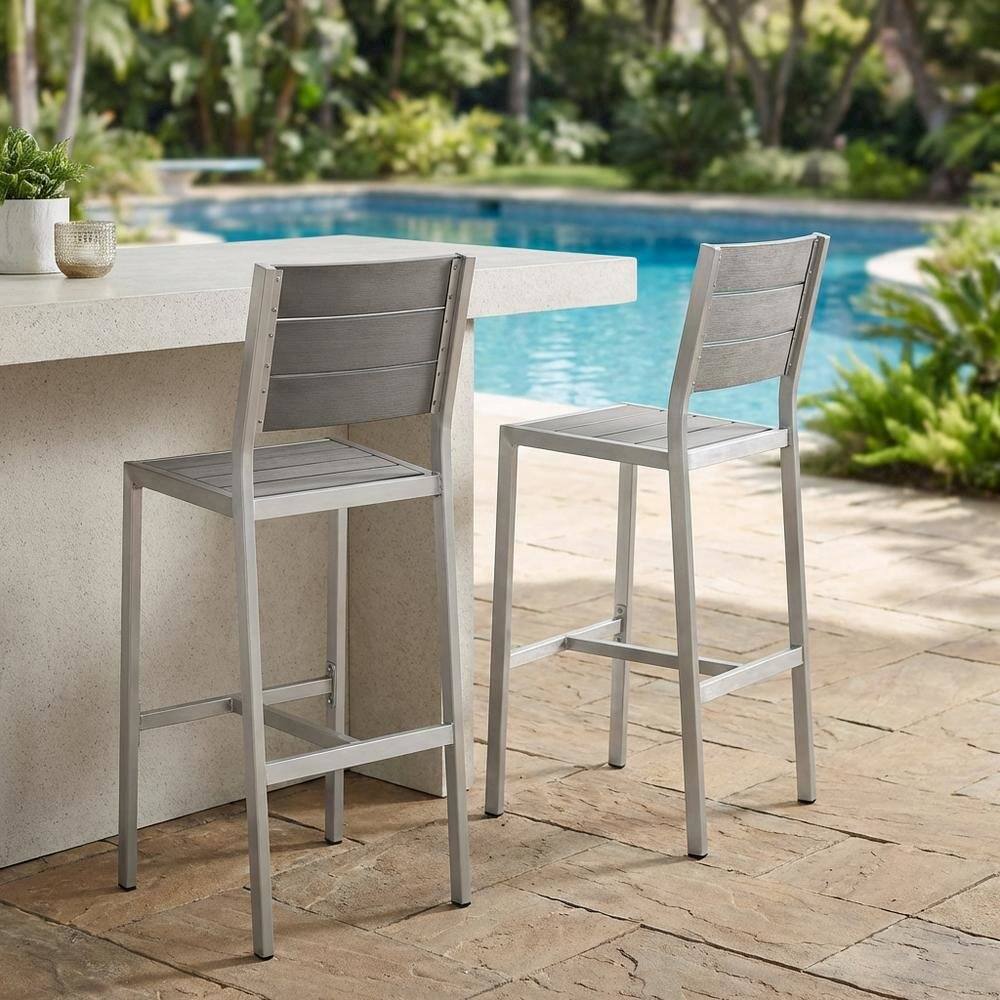 Left. Outdoor Escape - Outdoor Patio Aluminum Armless Bar Stool Set Of 2 With Durable Frame - Gray.