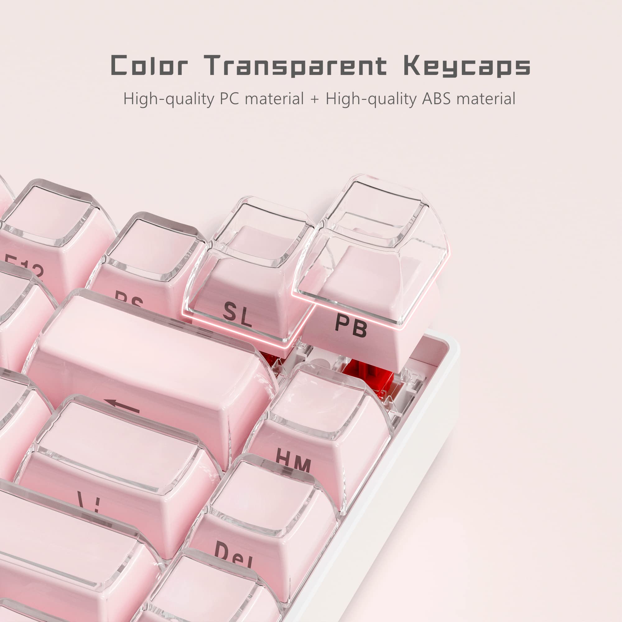 Color Transparent Keycaps  
High-quality PC material + High-quality ABS material  

F10  
DS  
SL  
PB  
HM  
!  
Del