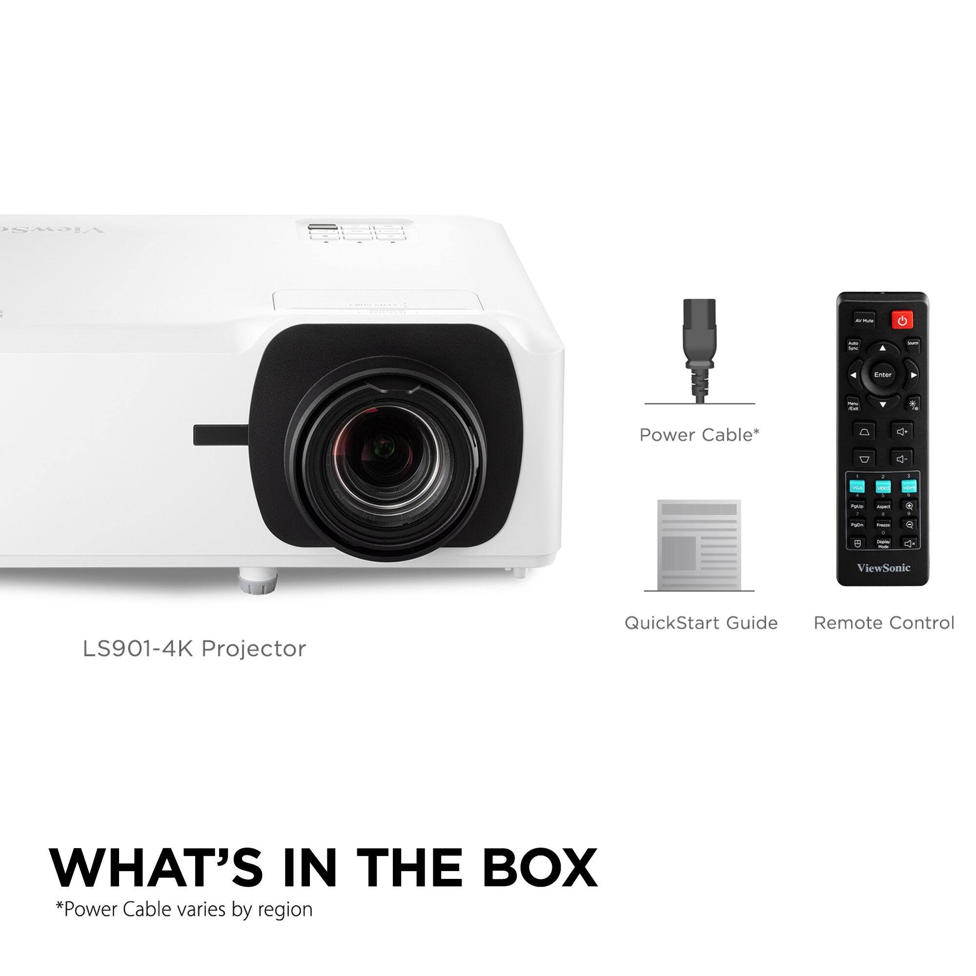 ViewSonic LS901-4K Projector, Power Cable*, QuickStart Guide, Remote Control, WHAT'S IN THE BOX "Power Cable varies by region
