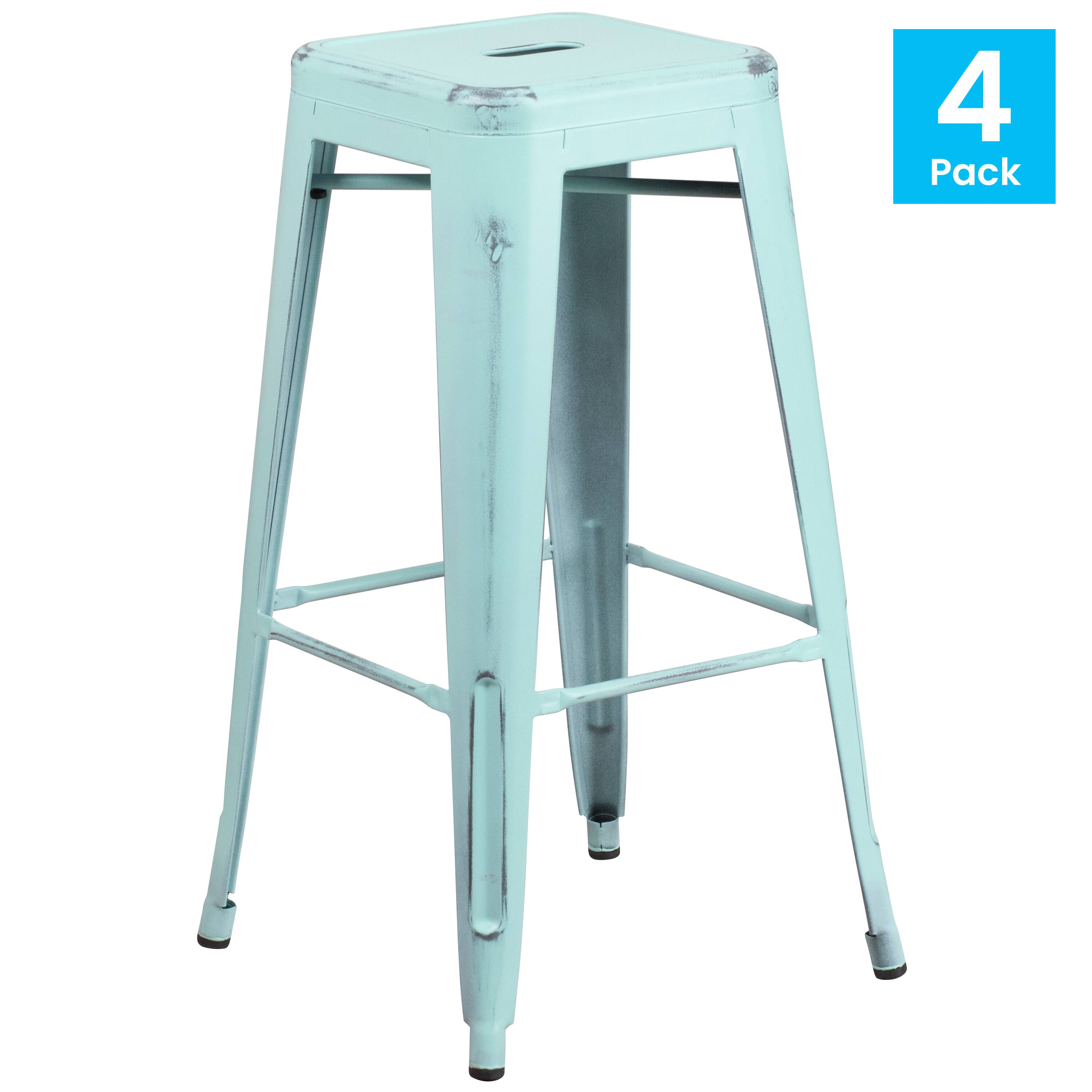 Alt View 1. Emma + Oliver - Commercial Grade 4 Pack 30" High Backless Distressed Metal Indoor-Outdoor Barstool - Green-Blue.