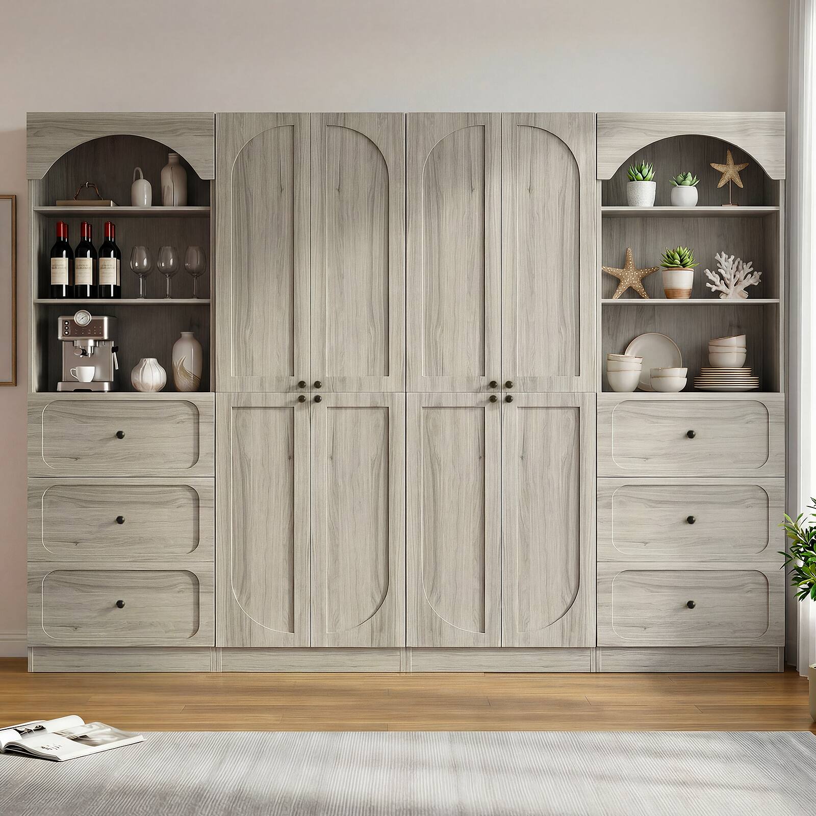 Alt View 3. Aheaplus - 80" Arched Kitchen Pantry Sets: Wooden Cupboard, 3 Drawers, 9-Tier Shelves, Kitchen/Living Room ,Ships in 2 Packages - White Oak.