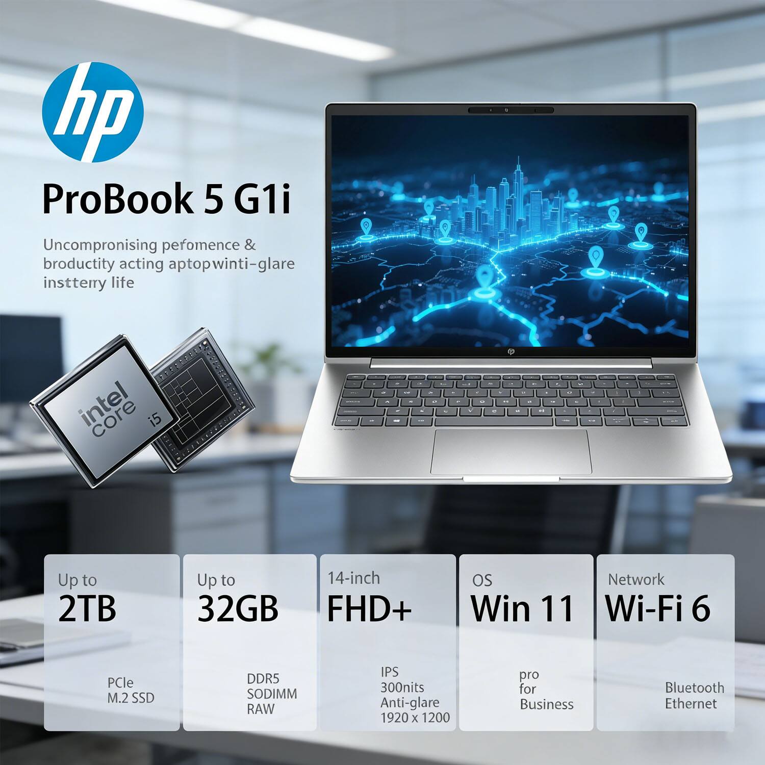 hp ProBook 5 G1i  
Uncompromising performance & productivity acting aptopwinti-glare instttery life  
Intel Core i5  
Up to 2TB  
Up to 32GB  
14-inch FHD+  
OS Win 11  
Network Wi-Fi 6  
PCle M.2 SSD  
DDR5 SODIMM RAW  
IPS 300nits Anti-glare 1920 x 1200  
pro for Business  
Bluetooth Ethernet