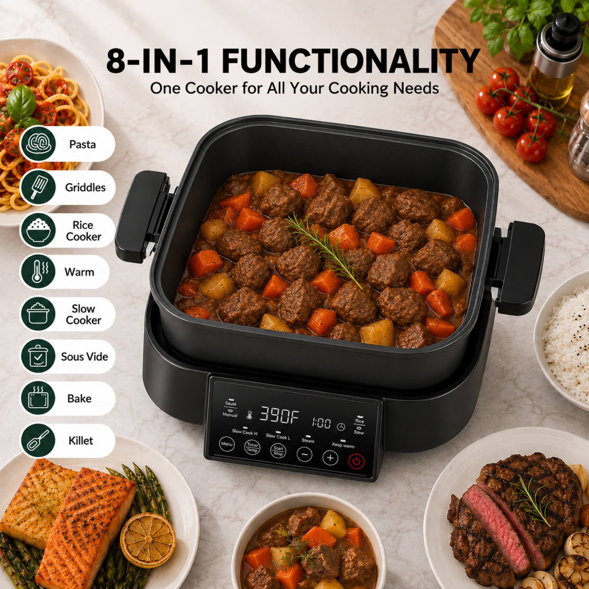 8-IN-1 FUNCTIONALITY  
One Cooker for All Your Cooking Needs

- Pasta
- Griddles
- Rice Cooker
- Warm
- Slow Cooker
- Sous Vide
- Bake
- Killet

Manual 390F 1:00  
Rice Slow Cook H Stear Slow Cook L Menu Steam Tener Start Keep ware Yamg Stop - +