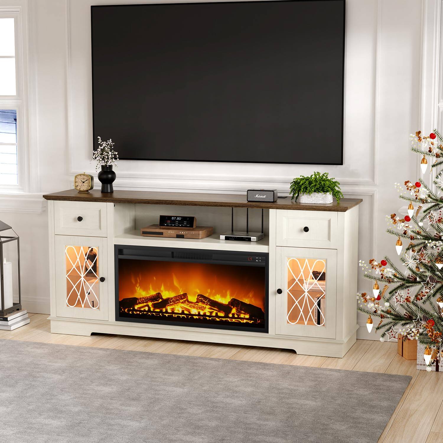 Alt View 3. Dyonery - Fireplace TV Stand for 80 Inch TV, Farmhouse Entertainment Center with 36" Fireplace & LED Lights - White.