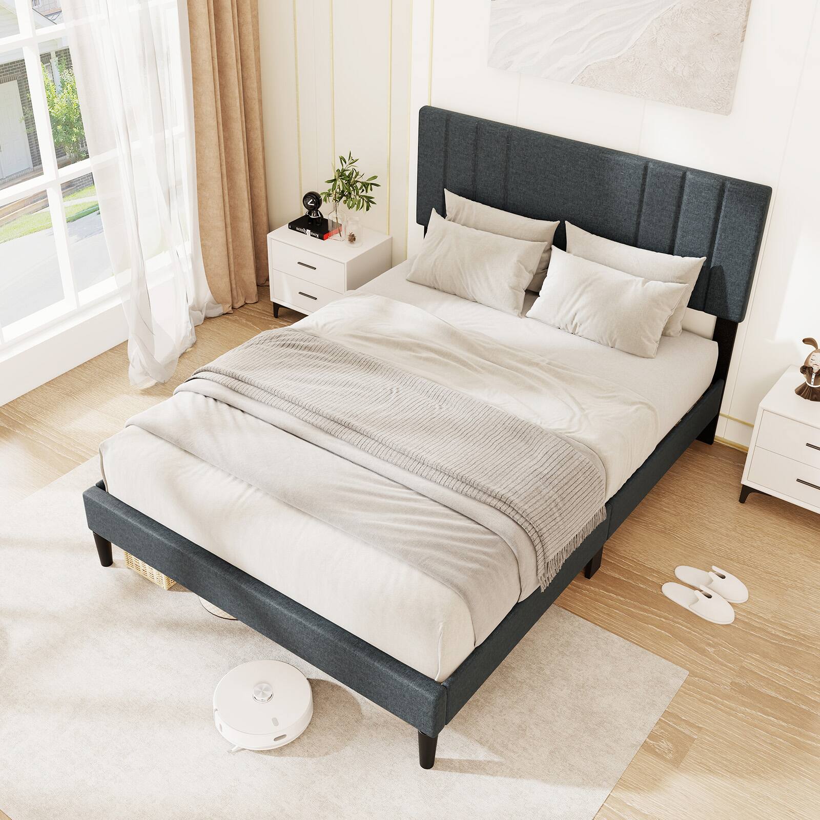 Alt View 1. Gymax - Gymax Full Size Bed Frame w/ Vertical Channel Tufted Headboard & Wooden Slats - Gray.