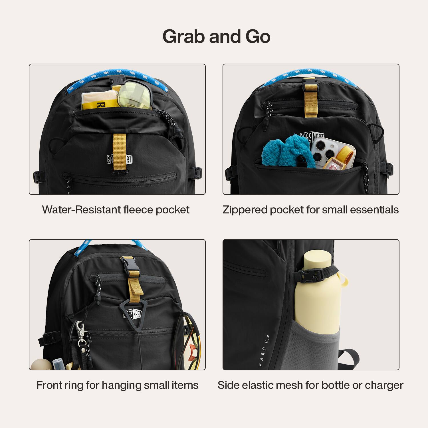 Grab and Go

- Water-Resistant fleece pocket
- Zippered pocket for small essentials
- Front ring for hanging small items
- Side elastic mesh for bottle or charger