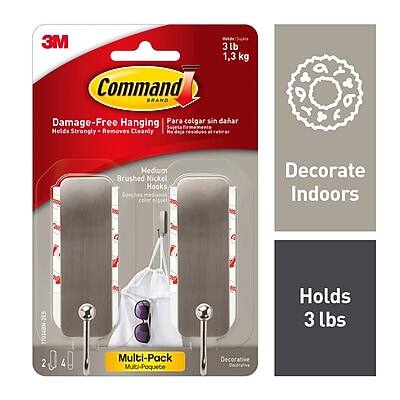 3M Command Brand  
Damage-Free Hanging  
Para colgar sin dañar  
Holds Strongly - Removes Cleanly  
Medium Brushed Nickel Hooks  
Ganchos de Nichel Pulido  
Multi-Pack  
Multi-Paquete  
Decorate Indoors  
Holds 3 lbs  
1.3 kg  
17034BN-2E5