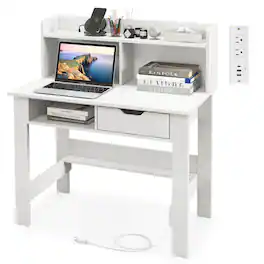 Costway - Computer Desk with Power Outlets and USB Ports - White