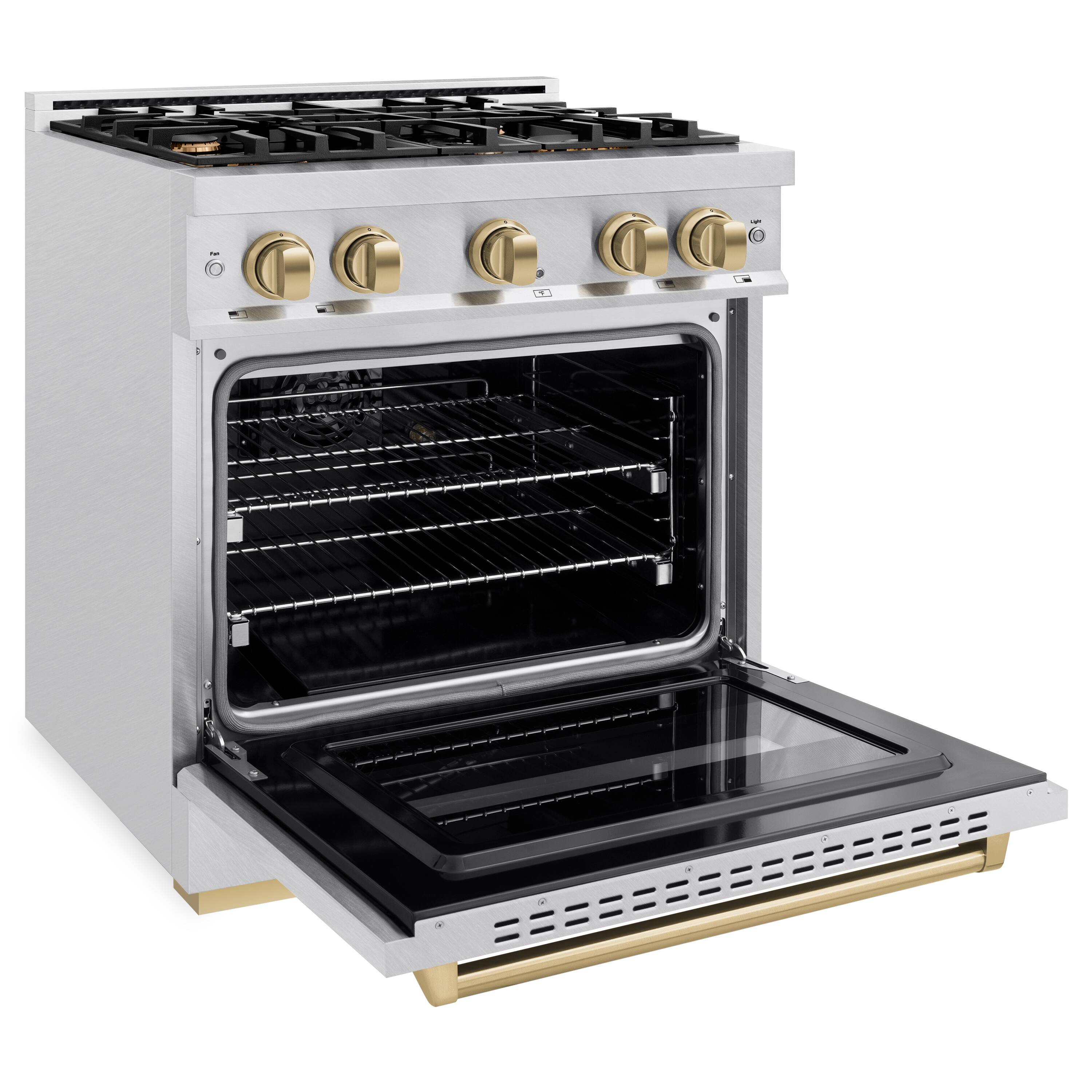 Left. ZLINE - ZLINE Autograph 30 in. Classic Satin Steel Gas Range w/ 4 Burners & Bronze Accents (CGRSZ-30-CB) - Stainless Steel.