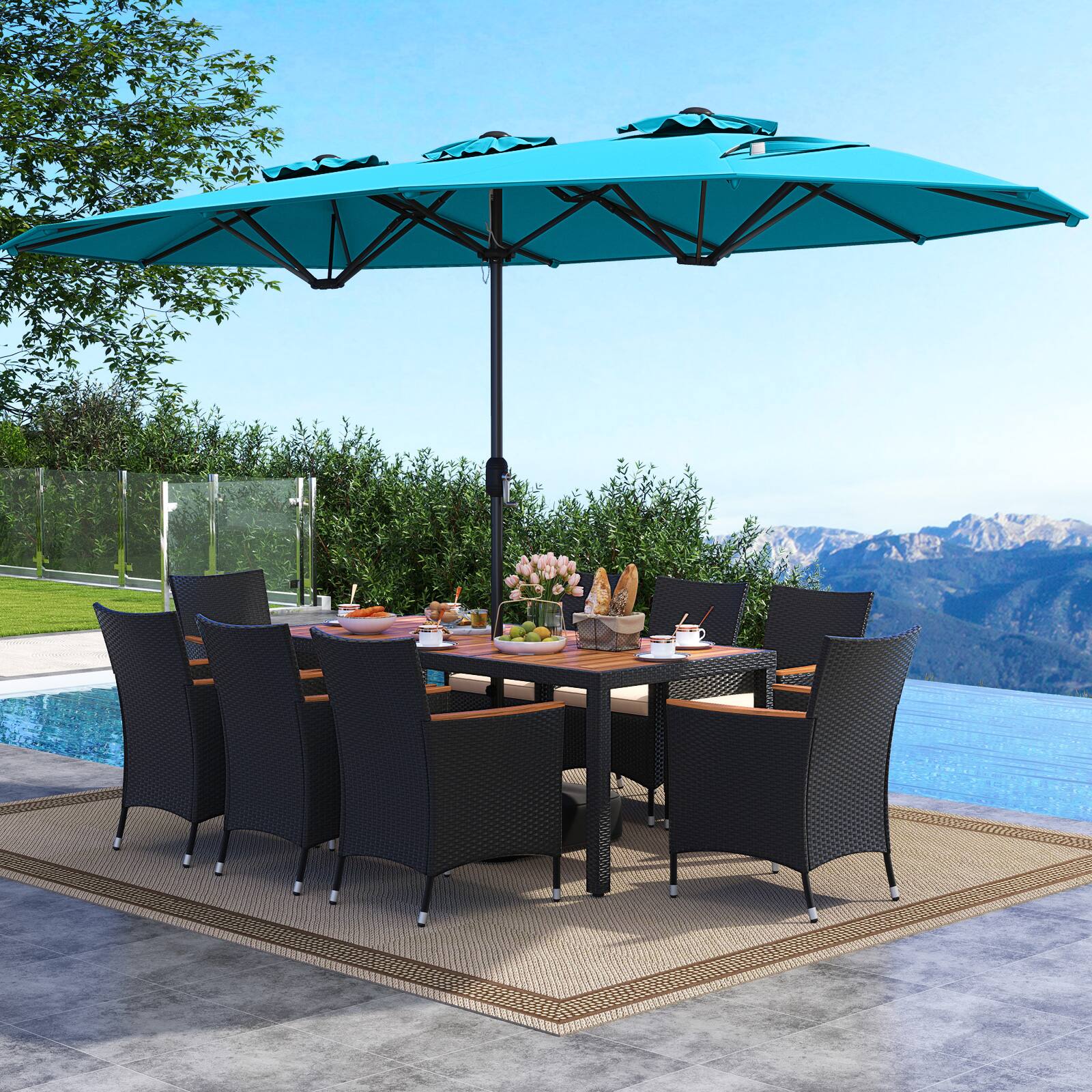 Alt View 1. Costway - Costway 11 PCS Patio Wicker Dining Set with Double-Sided Outdoor Umbrella 8 Stackable Chairs - Turquoise,White.