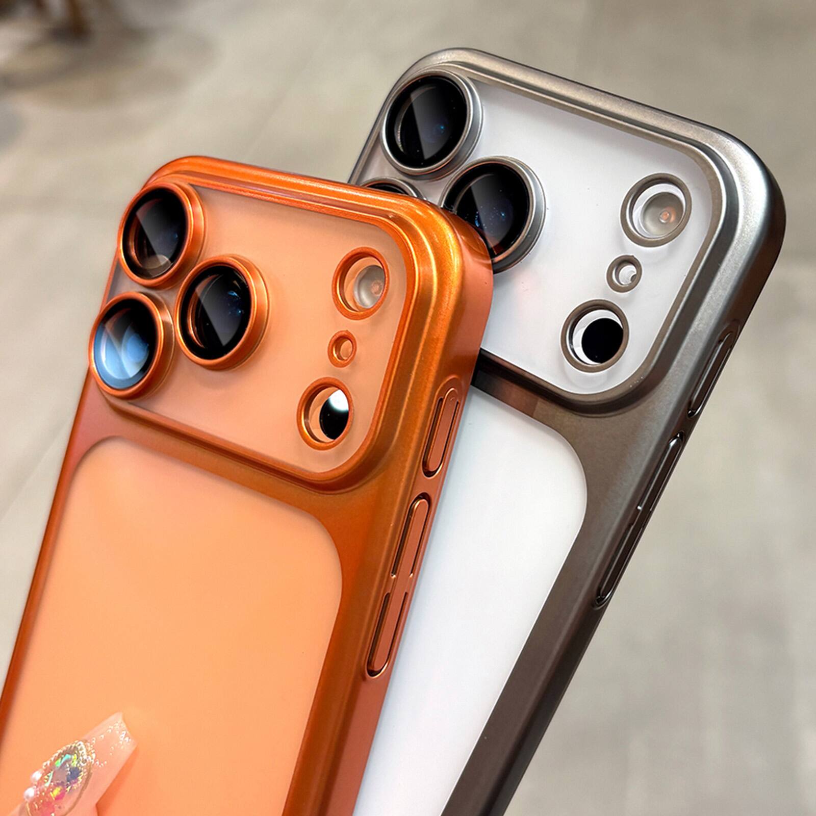 Back. Dteck - Plating Matte Case For Apple iPhone 18 Pro with Camera Lens Screen Protector, Shockproof Frosted Translucent Cover - Orange.