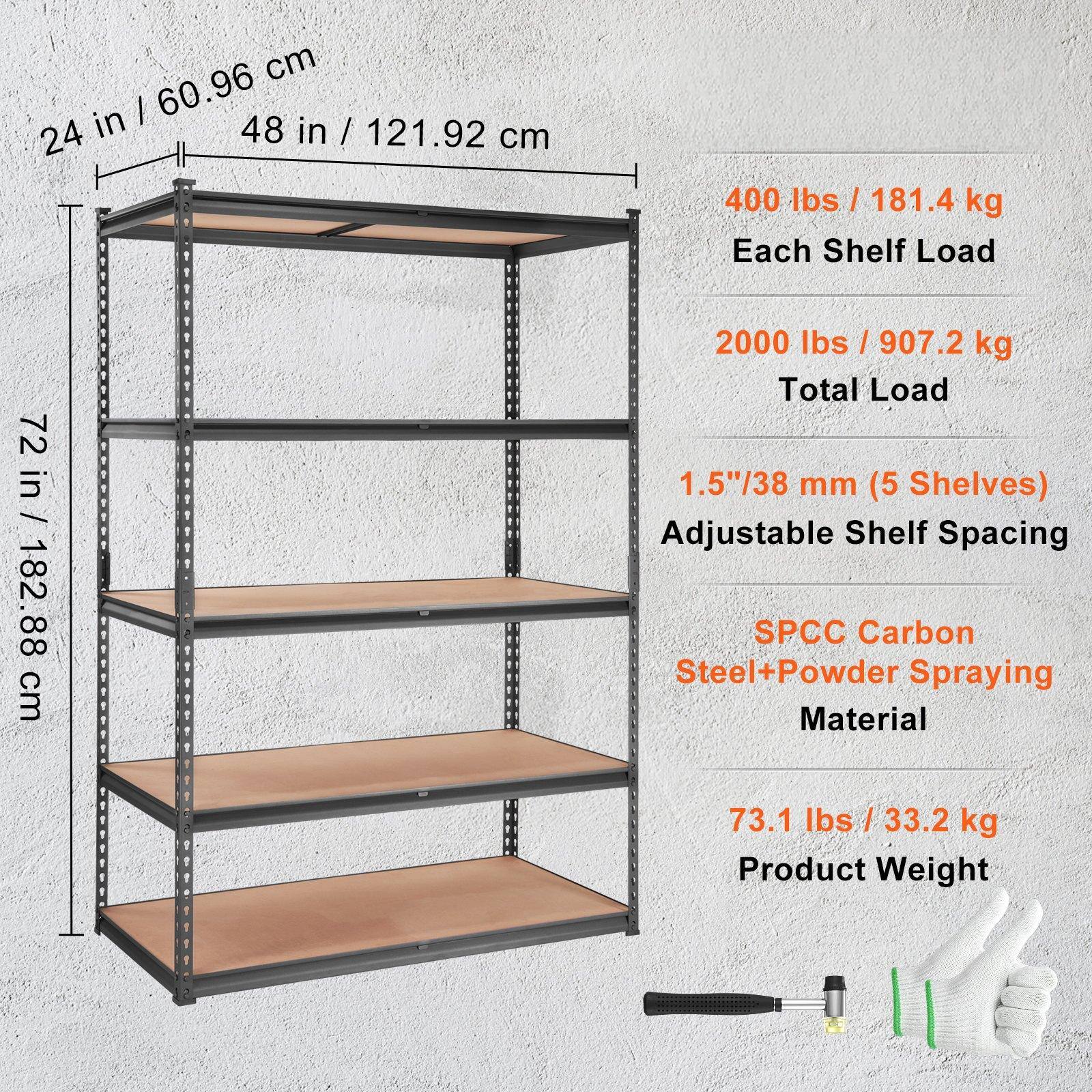 - **Dimensions:**
  - Width: 24 in / 60.96 cm
  - Height: 72 in / 182.88 cm
  - Depth: 48 in / 121.92 cm

- **Load Capacity:**
  - Each Shelf Load: 400 lbs / 181.4 kg
  - Total Load: 2000 lbs / 907.2 kg

- **Shelf Spacing:**
  - Adjustable Shelf Spacing: 1.5" / 38 mm (5 shelves)

- **Material:**
  - SPCC Carbon Steel + Powder Spraying

- **Product Weight:**
  - 73.1 lbs / 33.2 kg