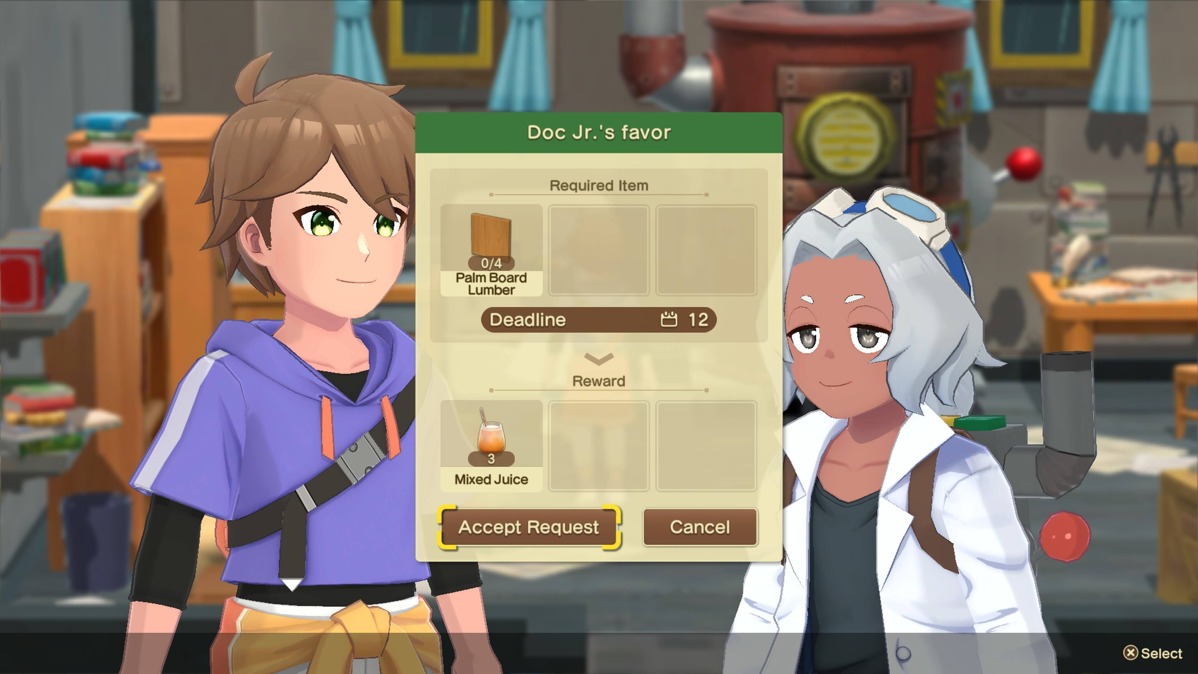 Doc Jr.'s favor

Required Item
0/4 Palm Board Lumber

Deadline 12

Reward
3 Mixed Juice

Accept Request Cancel