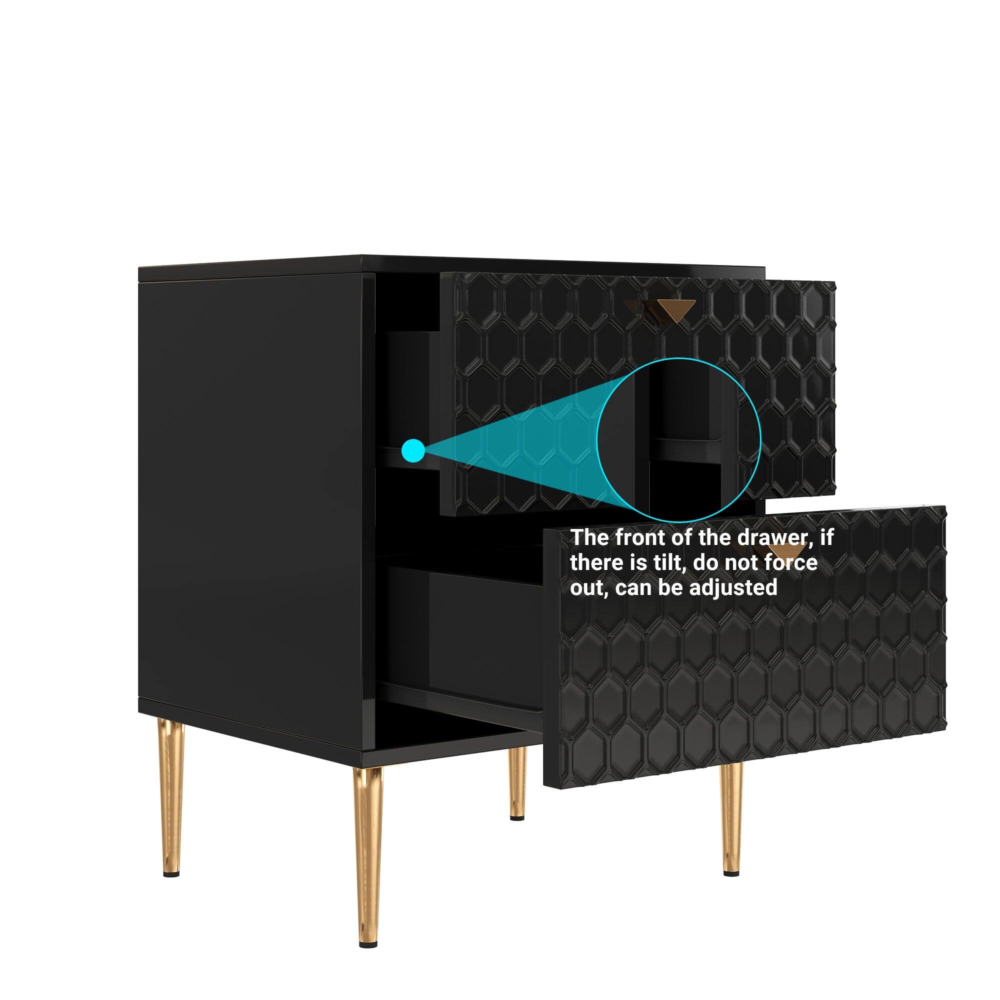 The front of the drawer, if there is tilt, do not force out, can be adjusted.