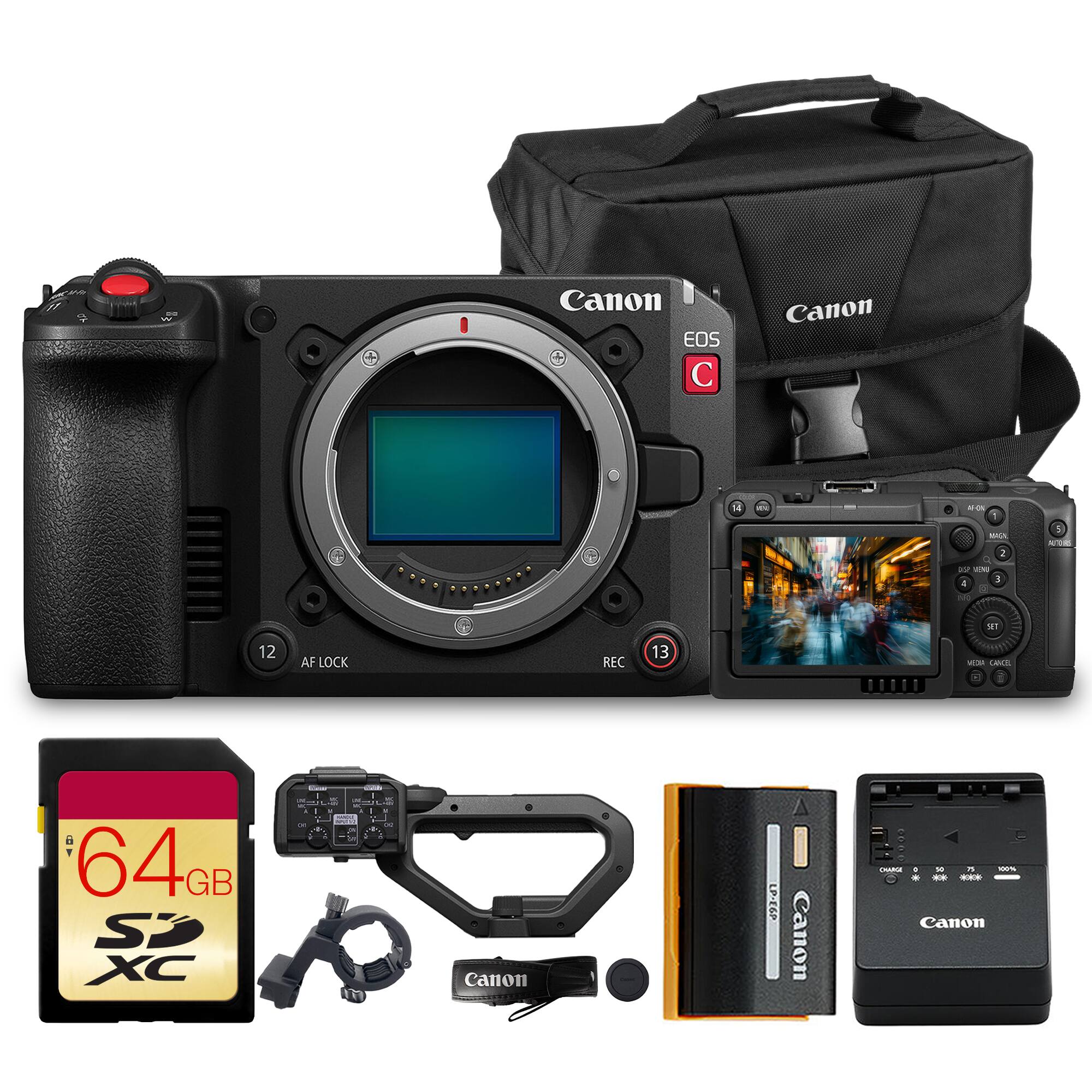 Canon EOS C Canon 1 - -o 1 MACE a o -N . 1 5 - - MI 12 AF LOCK REC 13 - i 64GE Sp XC canon LP.E6P Canon