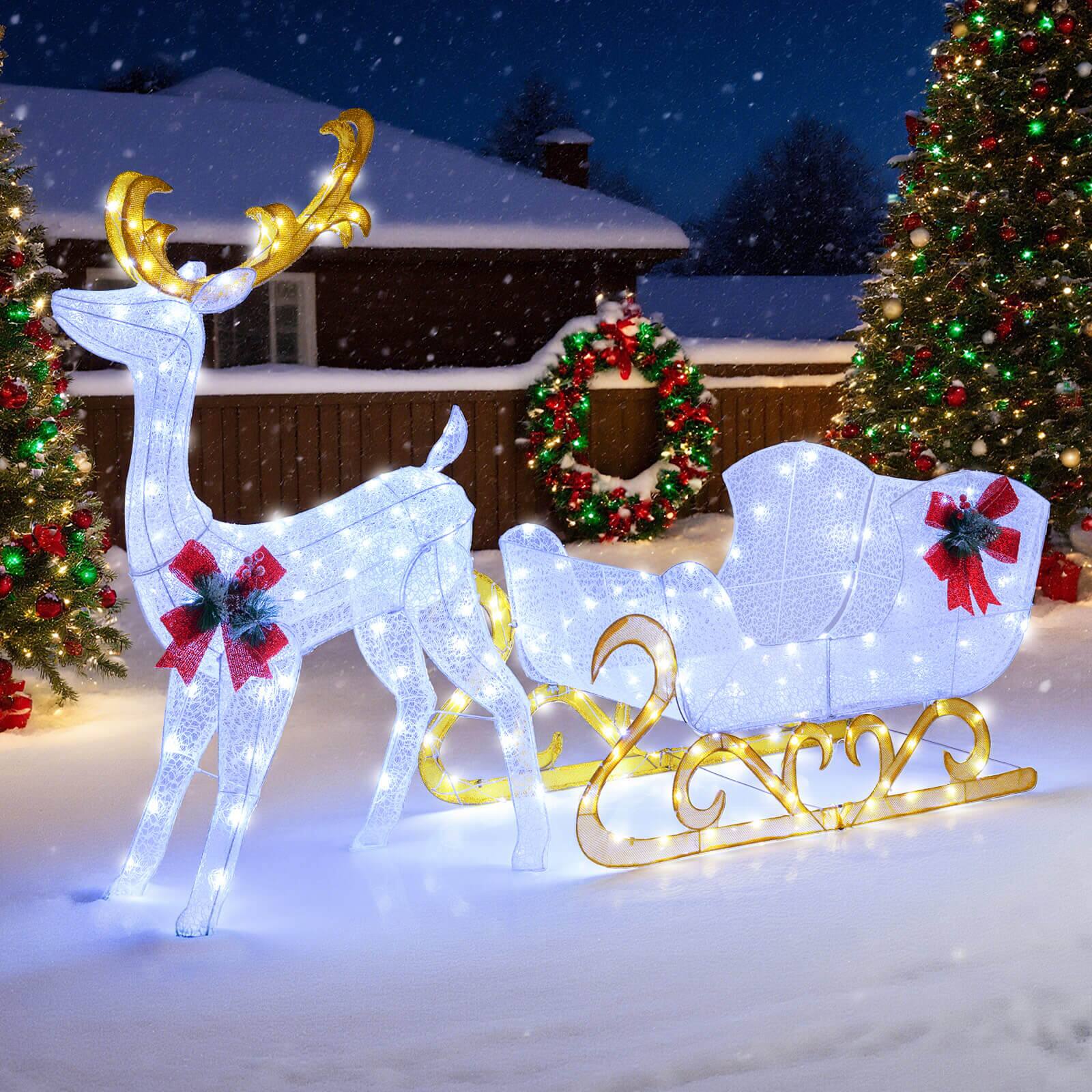 Alt View 1. Costway - Costway Lighted Christmas Reindeer and Sleigh with 215 White LED Lights 8 Ground Stakes - Cold White.