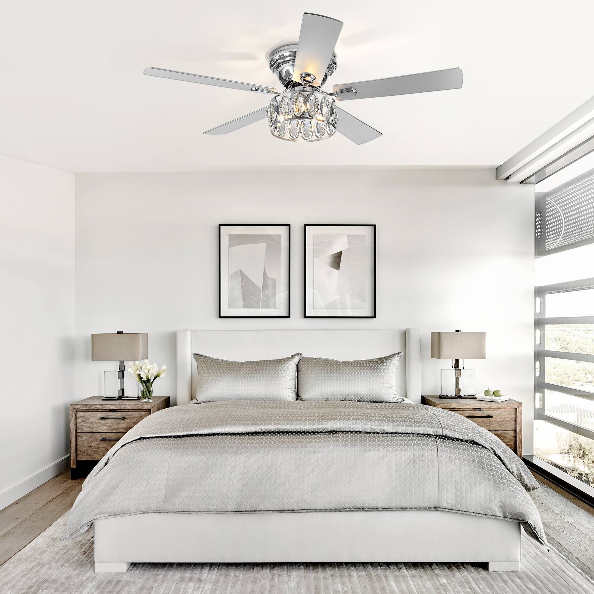 Back. Breezary - 52'' Flush Mount Ceiling Fan with Light Kit, Low Profile Indoor Crystal Fan, 5 Blades, 6-Speed DC Motor, Remote, Timer - Chrome with Silver Blades.