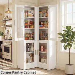 Aheaplus - 70'' Tall Corner Pantry Cabinet, L Shaped Kitchen Hutch Cabinet with LED Lights, Glass Doors & Adjustable Shelves - White