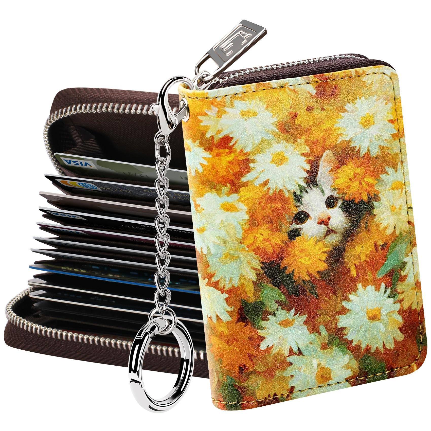 Jadie Link - Zipper Wallet Women Rfid Blocking Credit Card Business Holder Compact Size Keychain Special Design Multi-color optional - Daisies and Cat-small