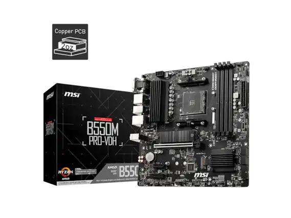 Copper PCB 2oz
msi
B550M PRO-VDH
AMD2
RYZEN
SOCKET B550
AMD Ryzen Desktop Compatible
PCIe 4.0 Ready
Graphics and NVMe M.2
Triple M.2 SSD Ready