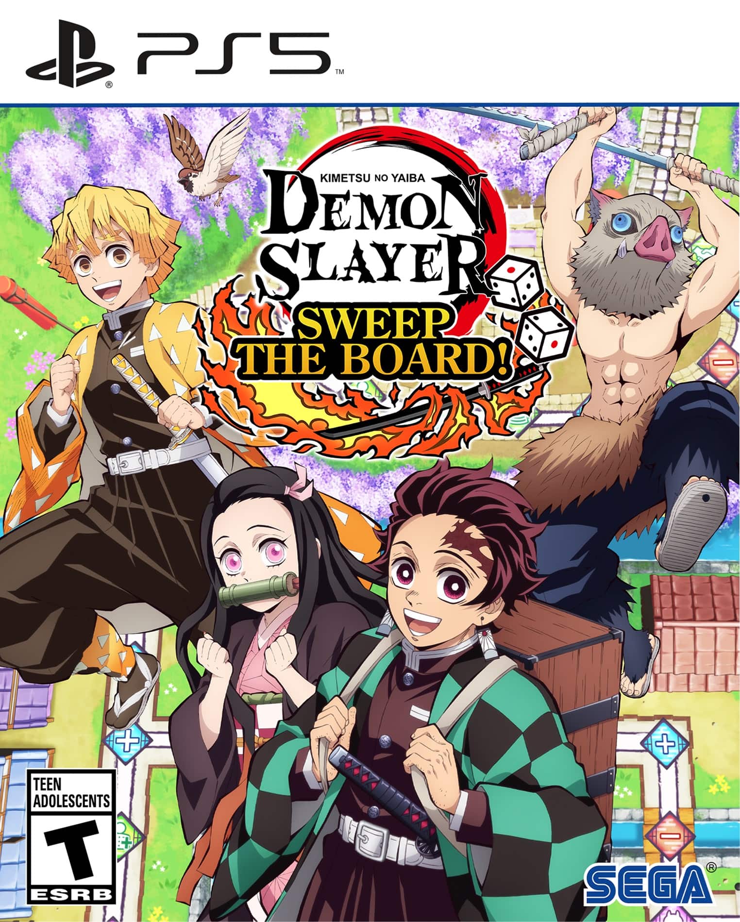 The image features a video game called Demon Slayer Sweep the Board. The game is available on the PS5 console and is rated as Teen. The image showcases a group of teenage characters, including a boy and a girl, who are enjoying the game. The characters are depicted in various poses, with one of them holding a sword. The overall atmosphere of the image suggests that the game is fun and engaging for its players.
