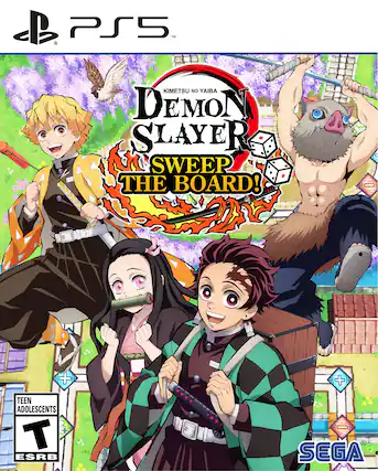 The image features a video game called Demon Slayer Sweep the Board. The game is available on the PS5 console and is rated as Teen. The image showcases a group of teenage characters, including a boy and a girl, who are enjoying the game. The characters are depicted in various poses, with one of them holding a sword. The overall atmosphere of the image suggests that the game is fun and engaging for its players. - T (Teen 13+)