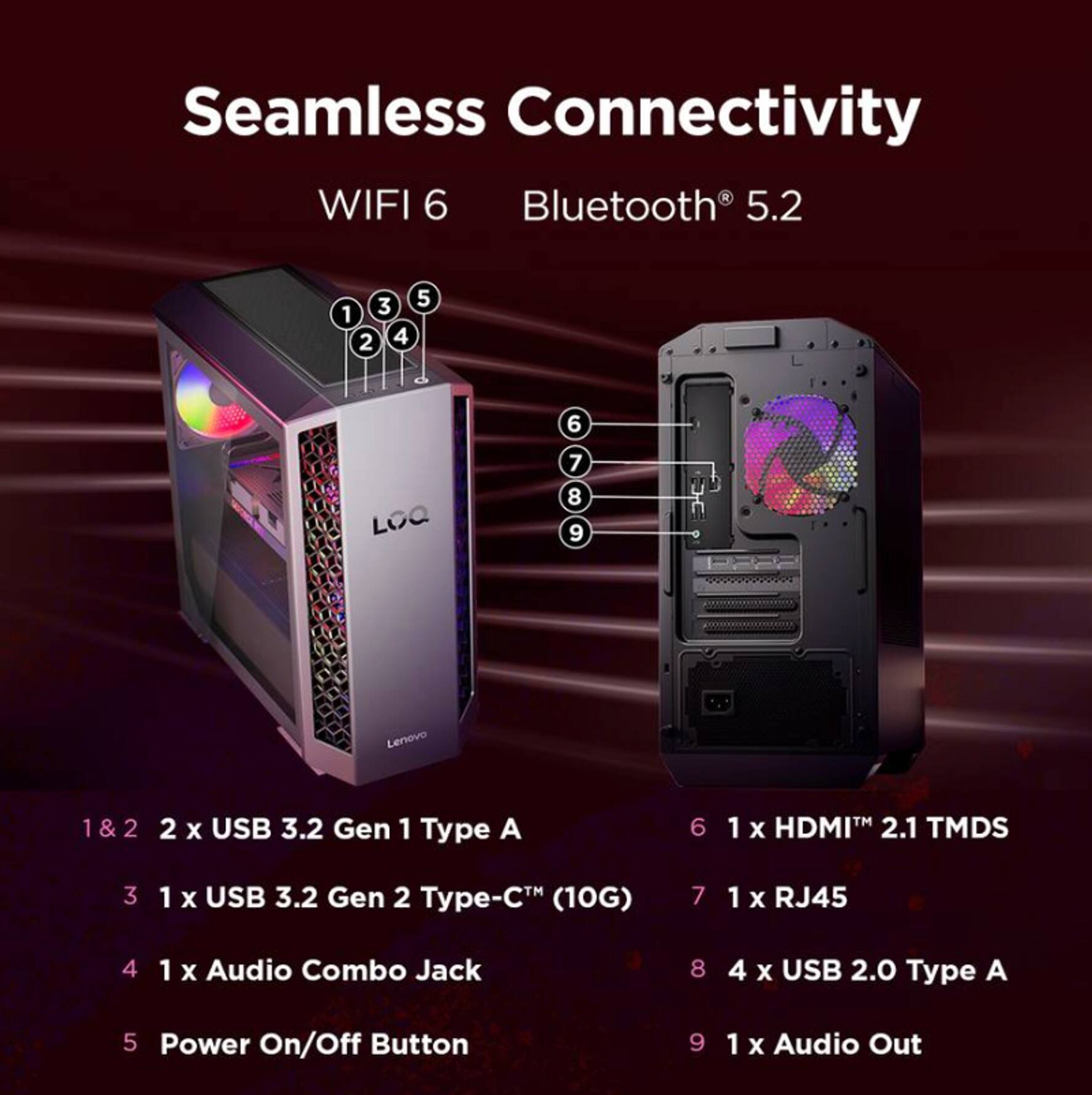 Seamless Connectivity  
WIFI 6  
Bluetooth 5.2  

1 & 2: 2 x USB 3.2 Gen 1 Type A  
3: 1 x USB 3.2 Gen 2 Type-C (10G)  
4: 1 x Audio Combo Jack  
5: Power On/Off Button  
6: 1 x HDMI™ 2.1 TMDS  
7: 1 x RJ45  
8: 4 x USB 2.0 Type A  
9: 1 x Audio Out
