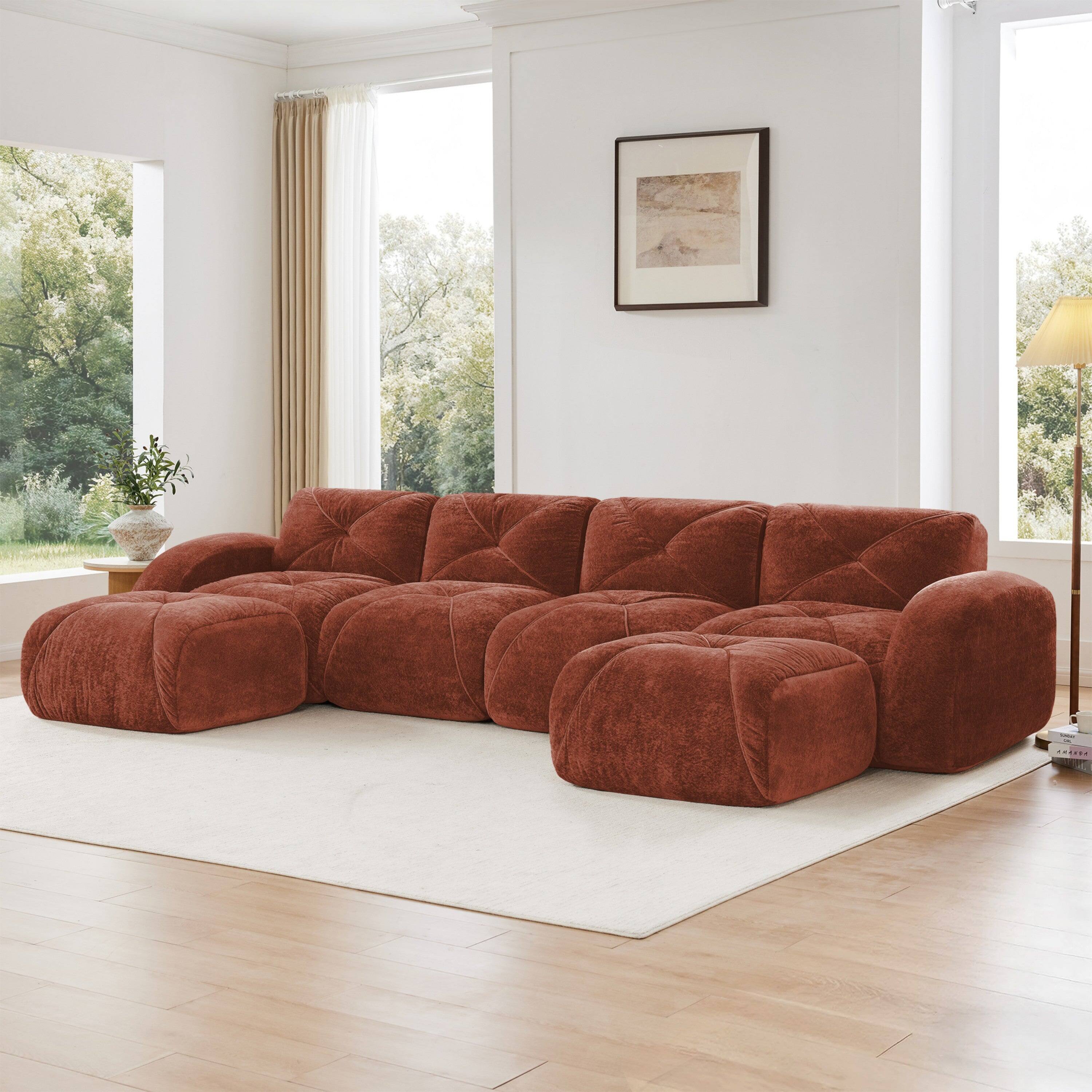 Alt View 1. Boyel Living - U Shaped Velvet Tufted Sofa Movable Ottomans 32D HD Sponge Anti Slip Free Combo No Assembly Living Theater Red - Red.