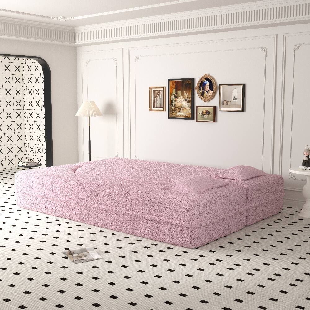 Back. Loheer - Loheer Pink Convertible Floor Sofa Sherpa Fleece Sleeper Sofa Bed Full Size Folding Mattress No Assembly Required - Pink.
